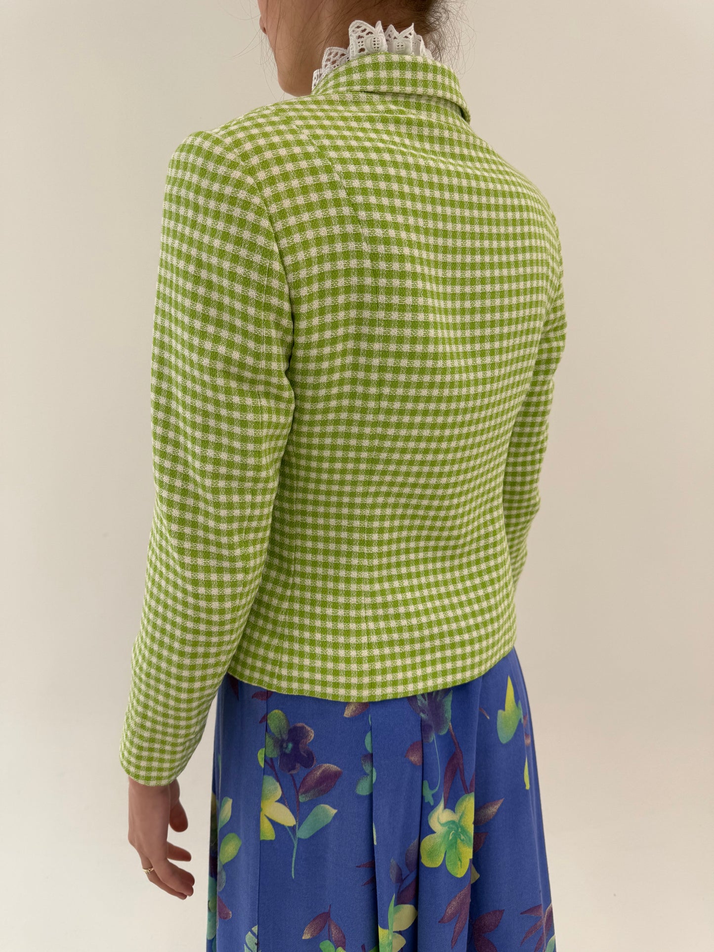 Sacou cambrat gingham verde crud din stofita de vară