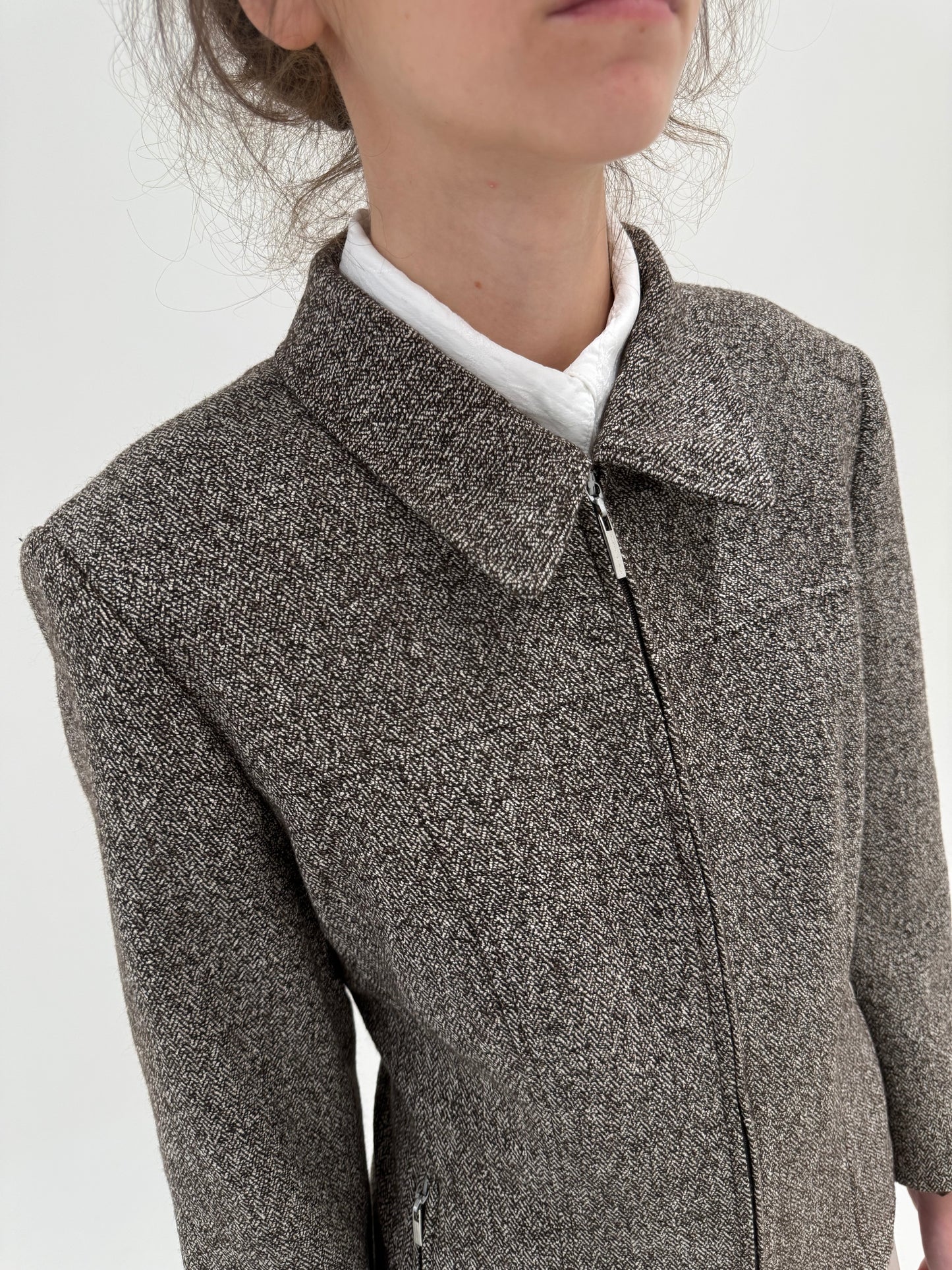 Jacheta din tweed de lana nude și chocolate brown în croi ușor cambrat