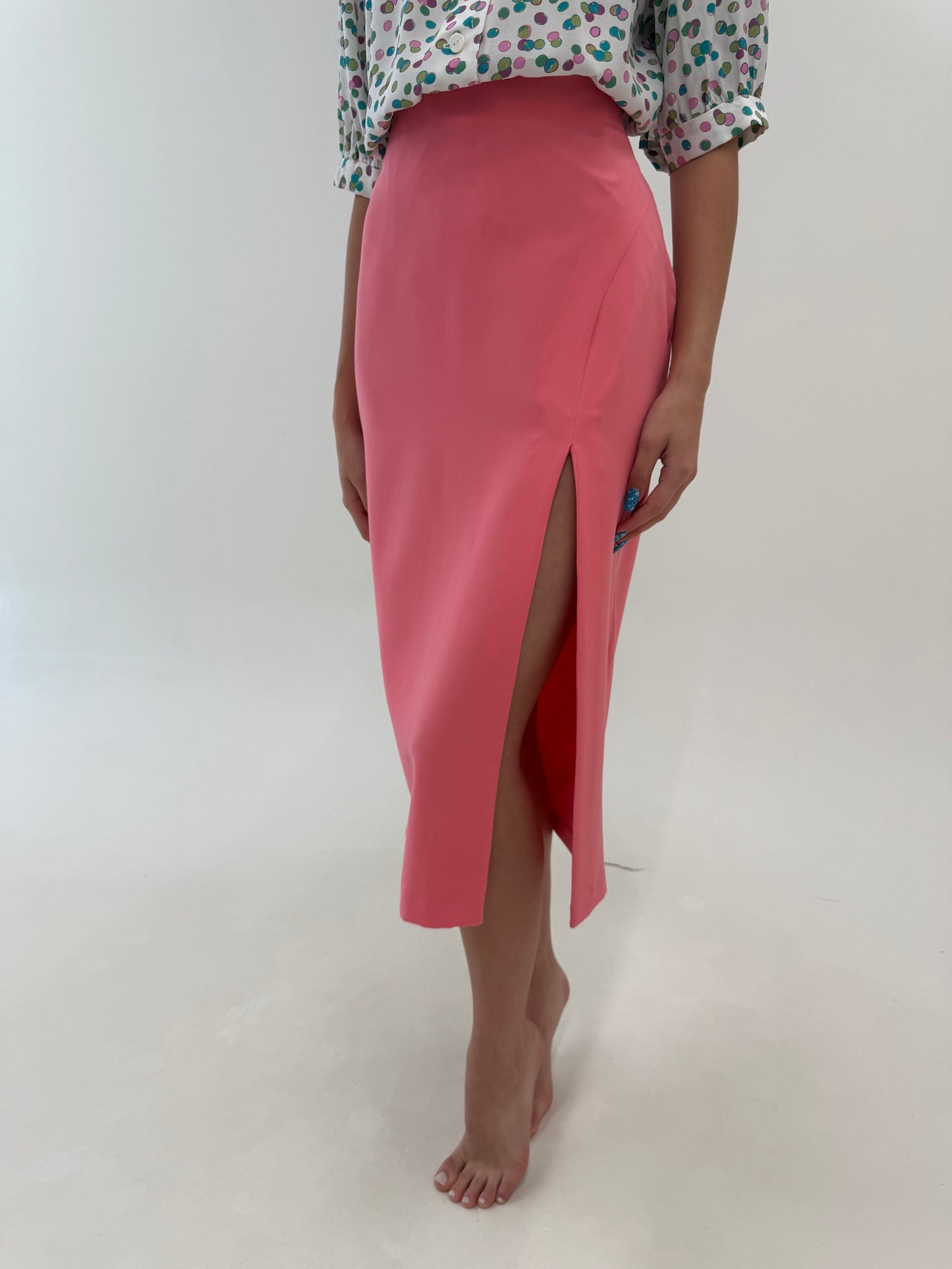 Fustă salmon pink maxi cu șliț adânc lateral modelatoare