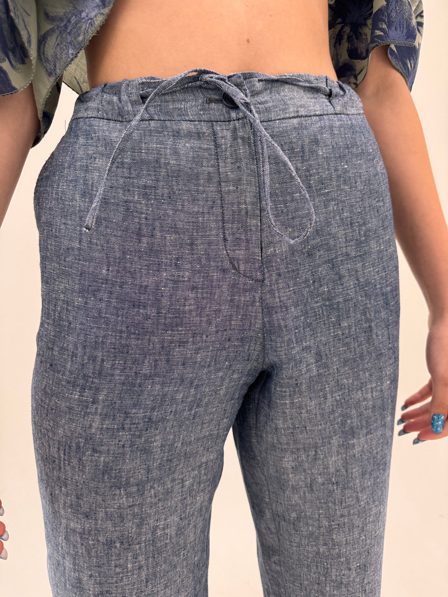Pantaloni italienești din in jeans blue melanj cu talie reglabilă în croi drept