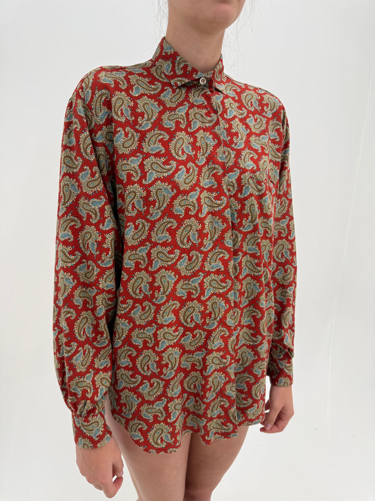 Cămașa vintage dark cherry red cu print paisley din vascoza moale groasă