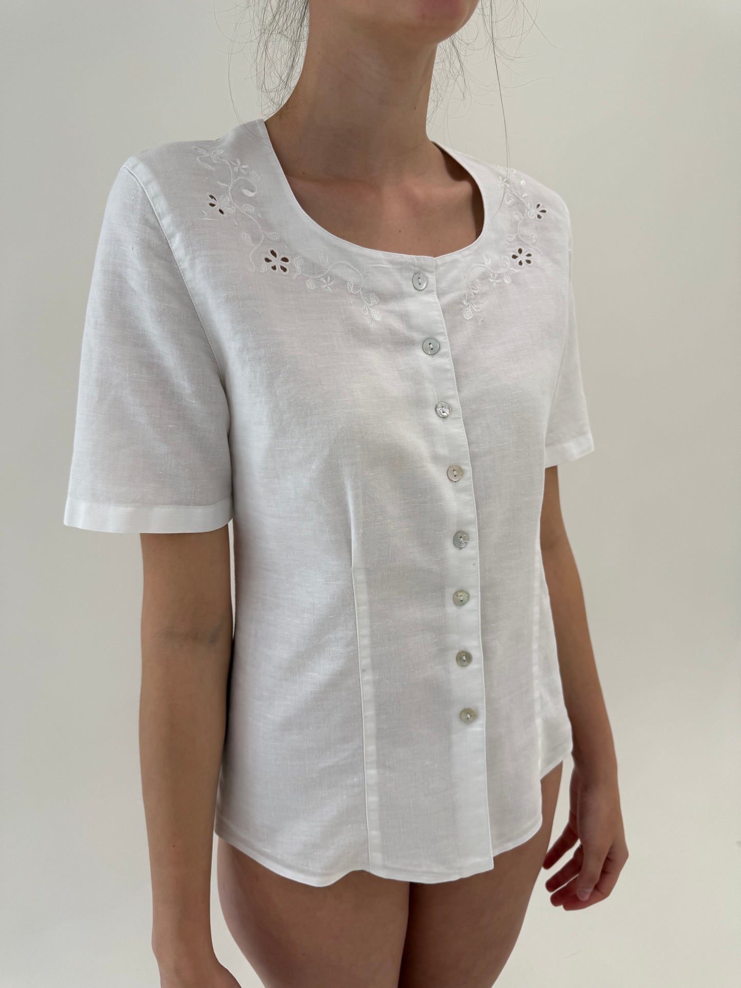 Corsaj vintage cu broderie anglaise din pânză de in și bumbac