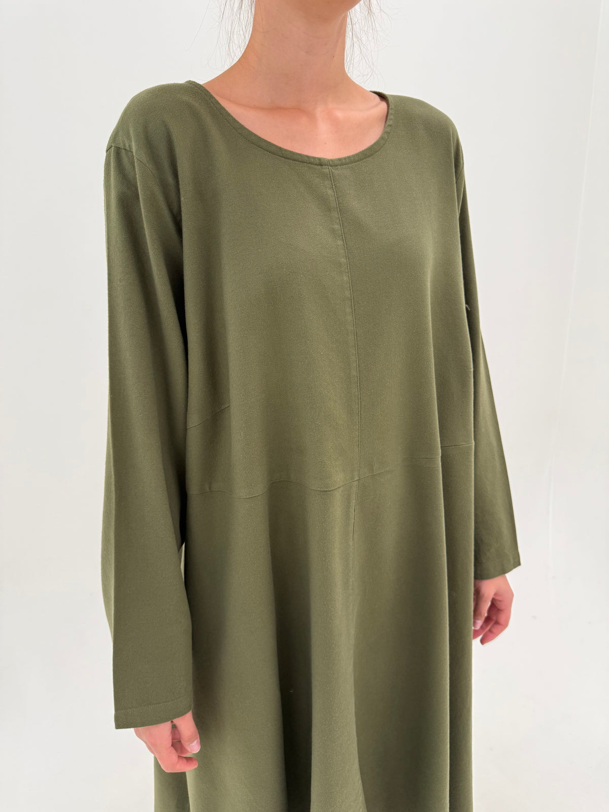 Rochie kaki din bumbac gros de toamnă în croi minimalist A-line