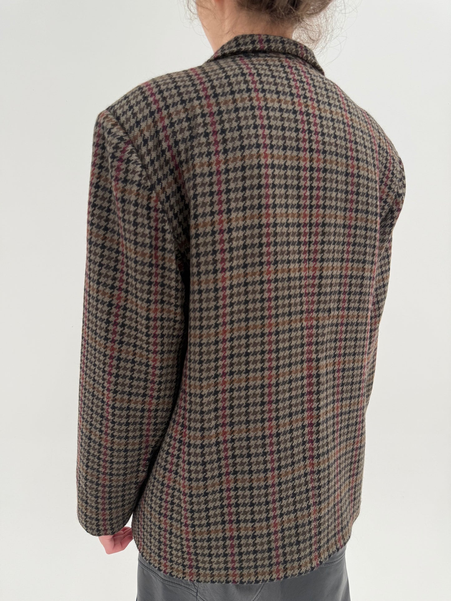 Sacou vintage din tweed de lana camel pied de coq negru și burgundy