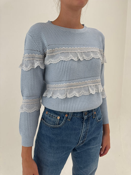 Pulover baby blue din jerse de bumbac de gramaj mare cu elastan și dantelă