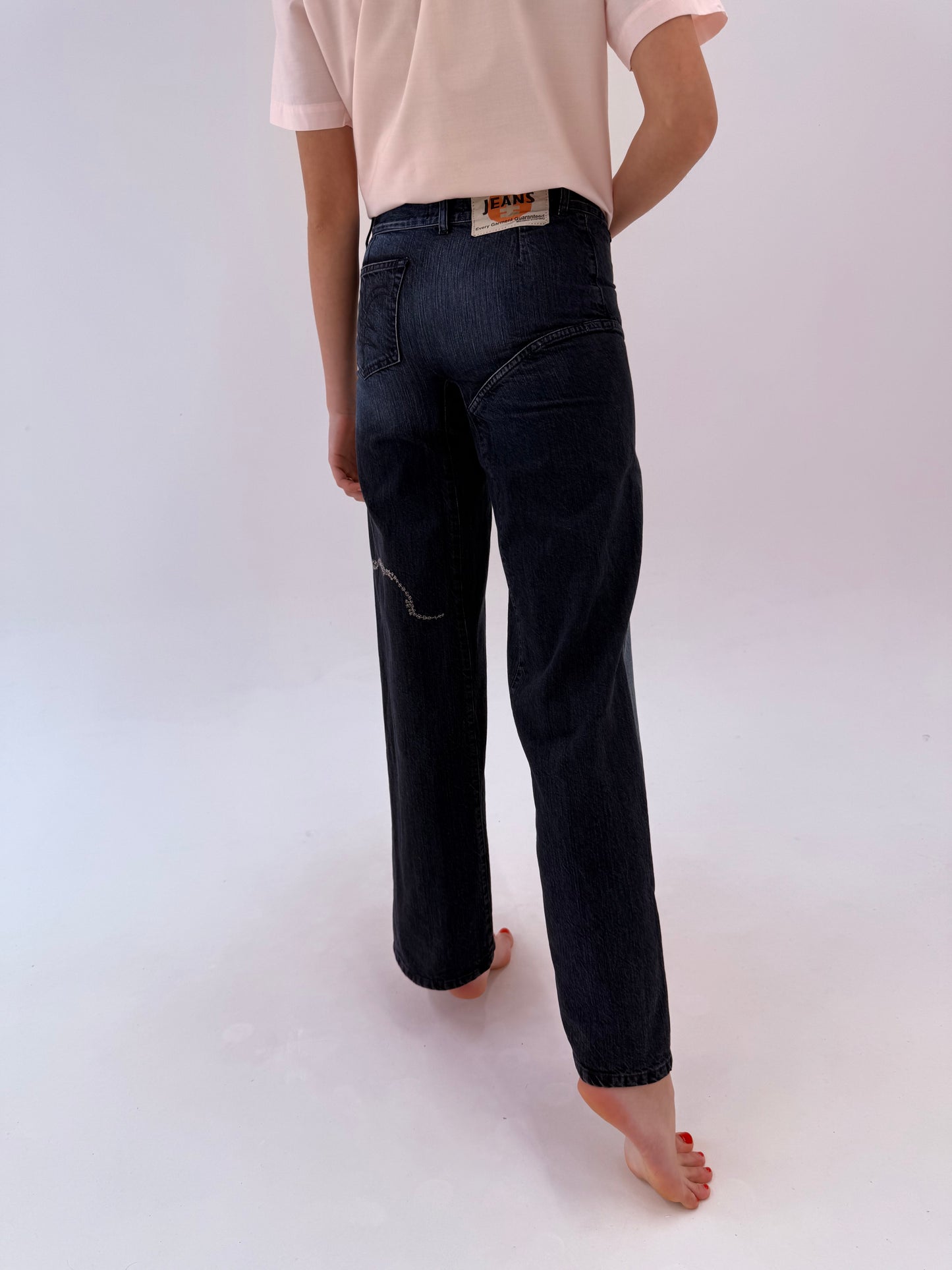 Jeans luxury de designer japonez Michiko Koshino palazzo cu broderie în croi specific