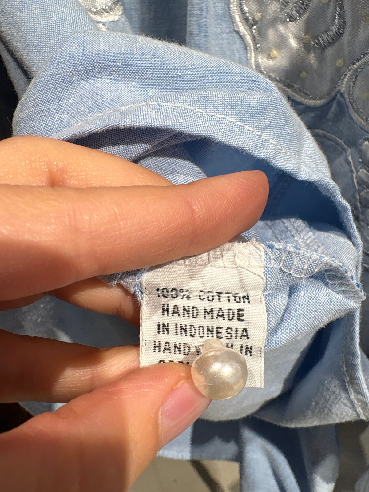 Cămașa vintage cu aplicații perle și broderie din bumbac gros baby blue
