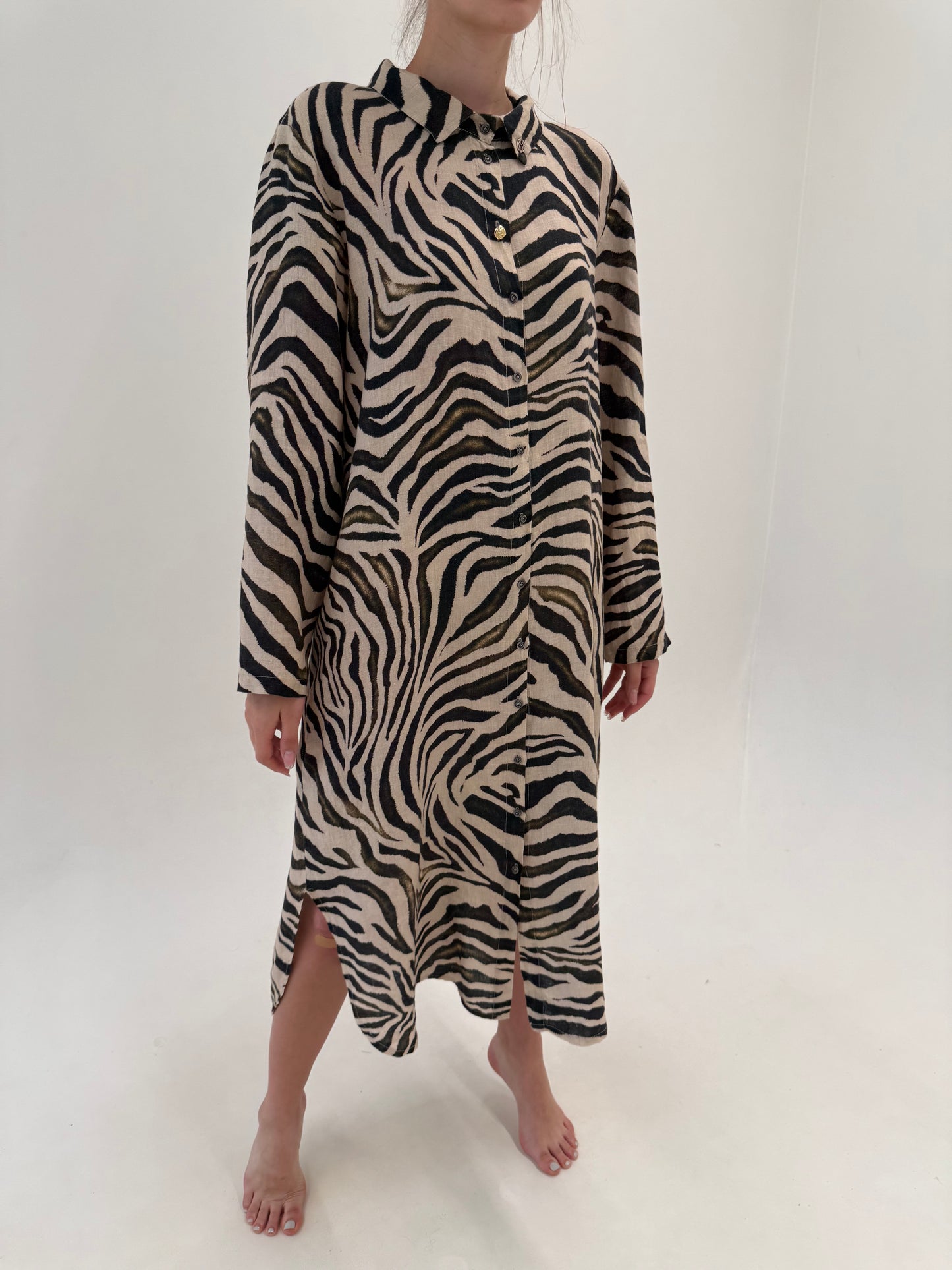 Rochie animal print din in în croi lejer