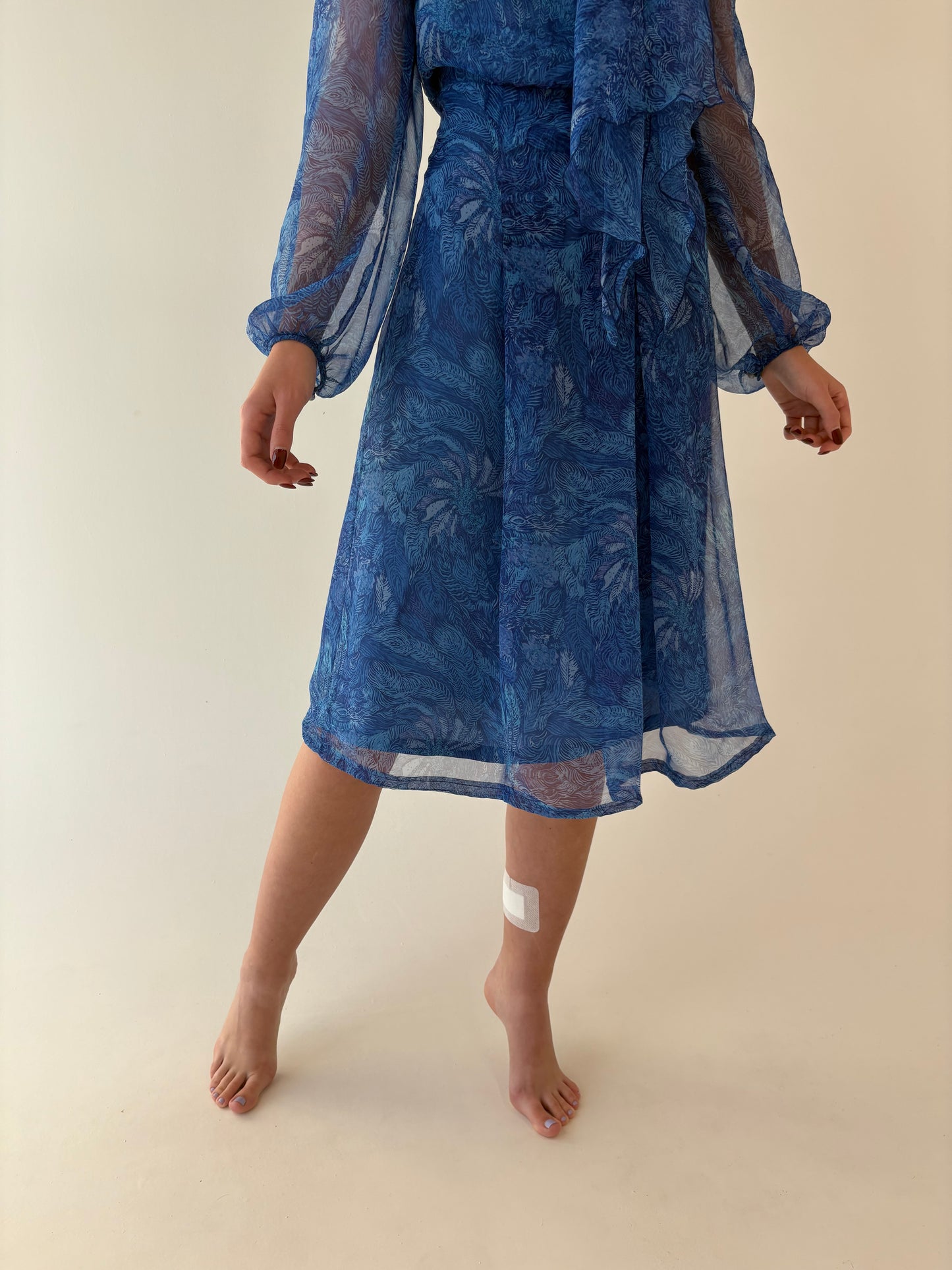 Rochie old vintage anii 70 tie neck în nuanțe superbe de albastru