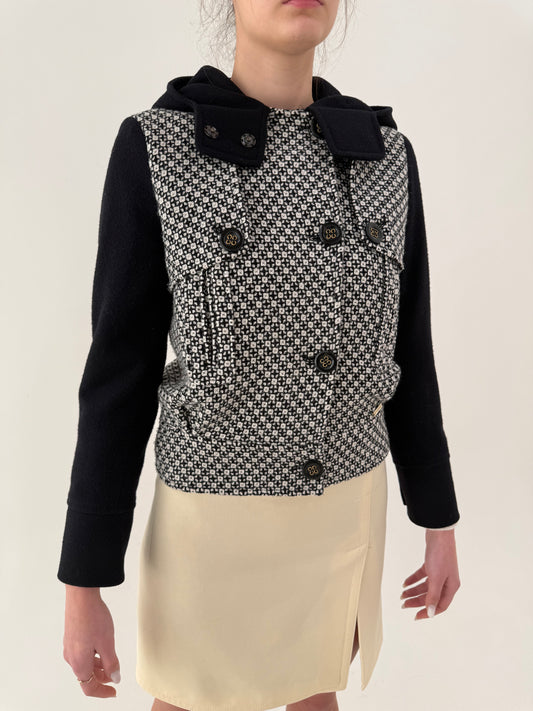 Jachetă cropped din lână virgină Gianfranco Ferré cu textură jacquard geometrică și glugă