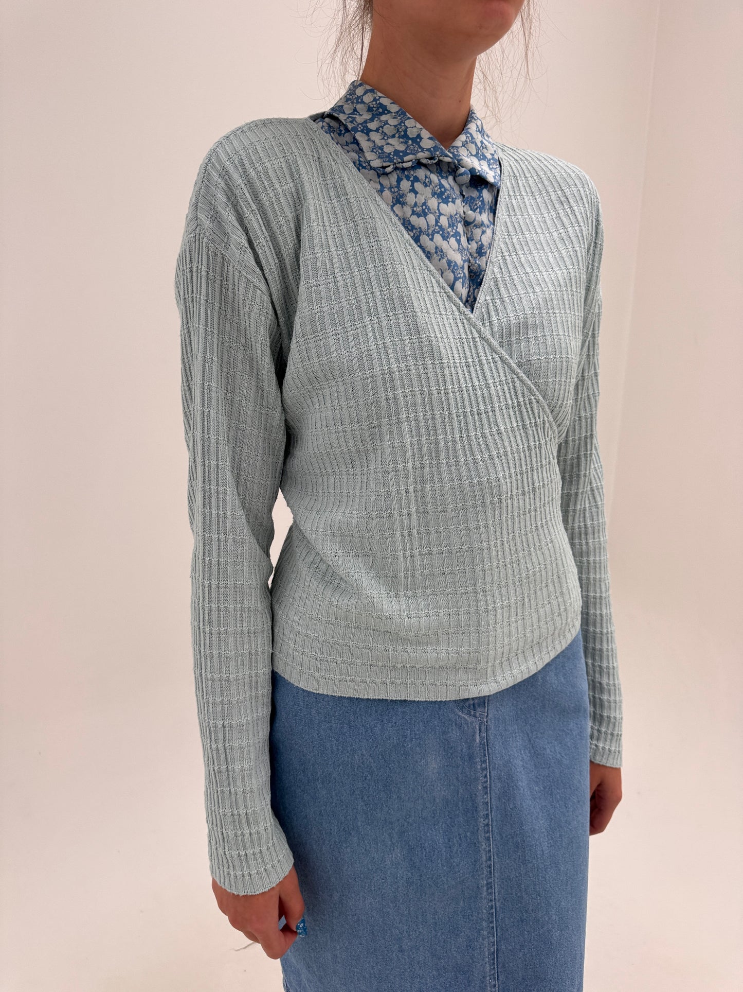 Cardigan petrecut baby blue din jerse de bumbac și elastan
