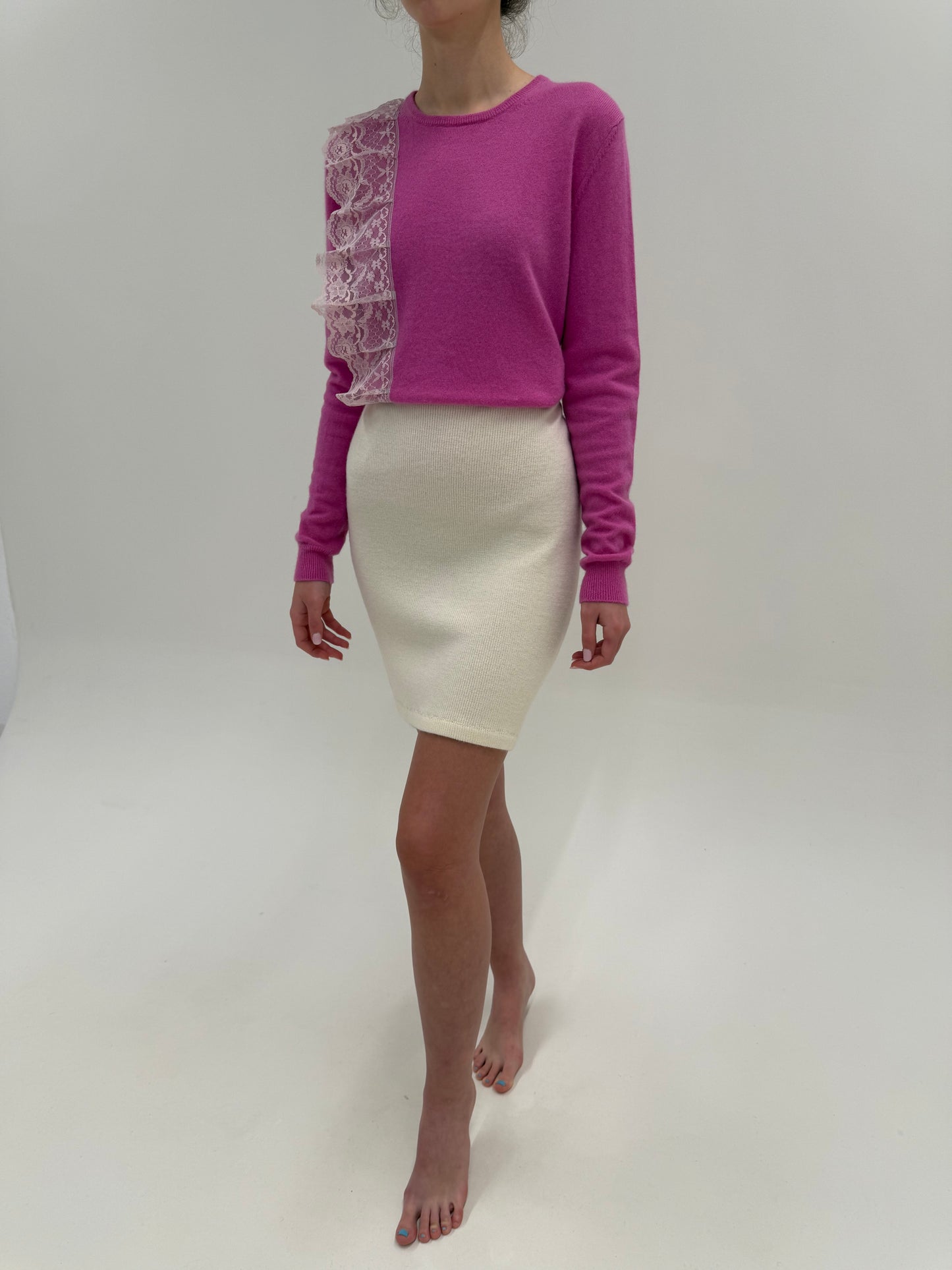 Fustă italiană butter white din tricot de lana merino extrafina de gramaj mare