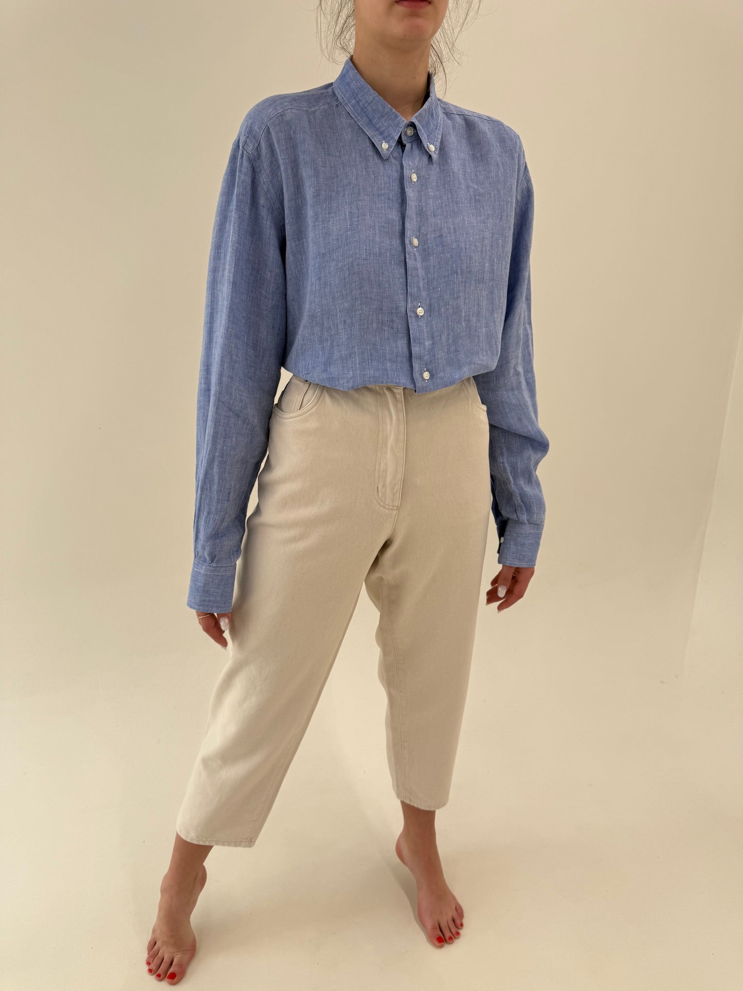 Jeans vintage butter nude cu talie ultra înaltă elastică mom fit petite