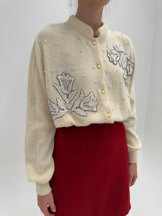 Cardigan bijuterie vintage italian cu aplicații manuale din lana extrafina și Angora