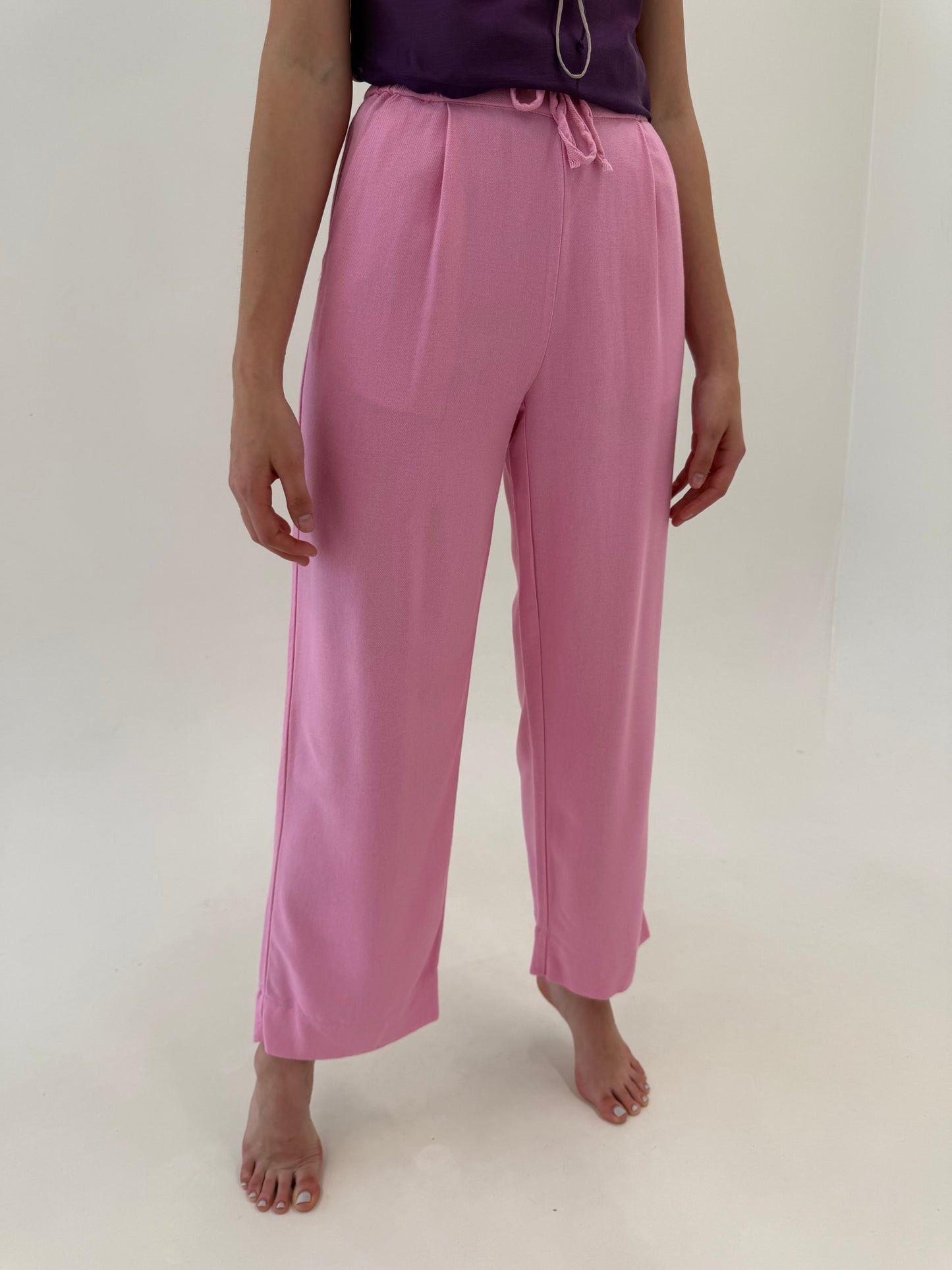 Pantaloni palazzo din pânză de in cu talie ultra înaltă elastică
