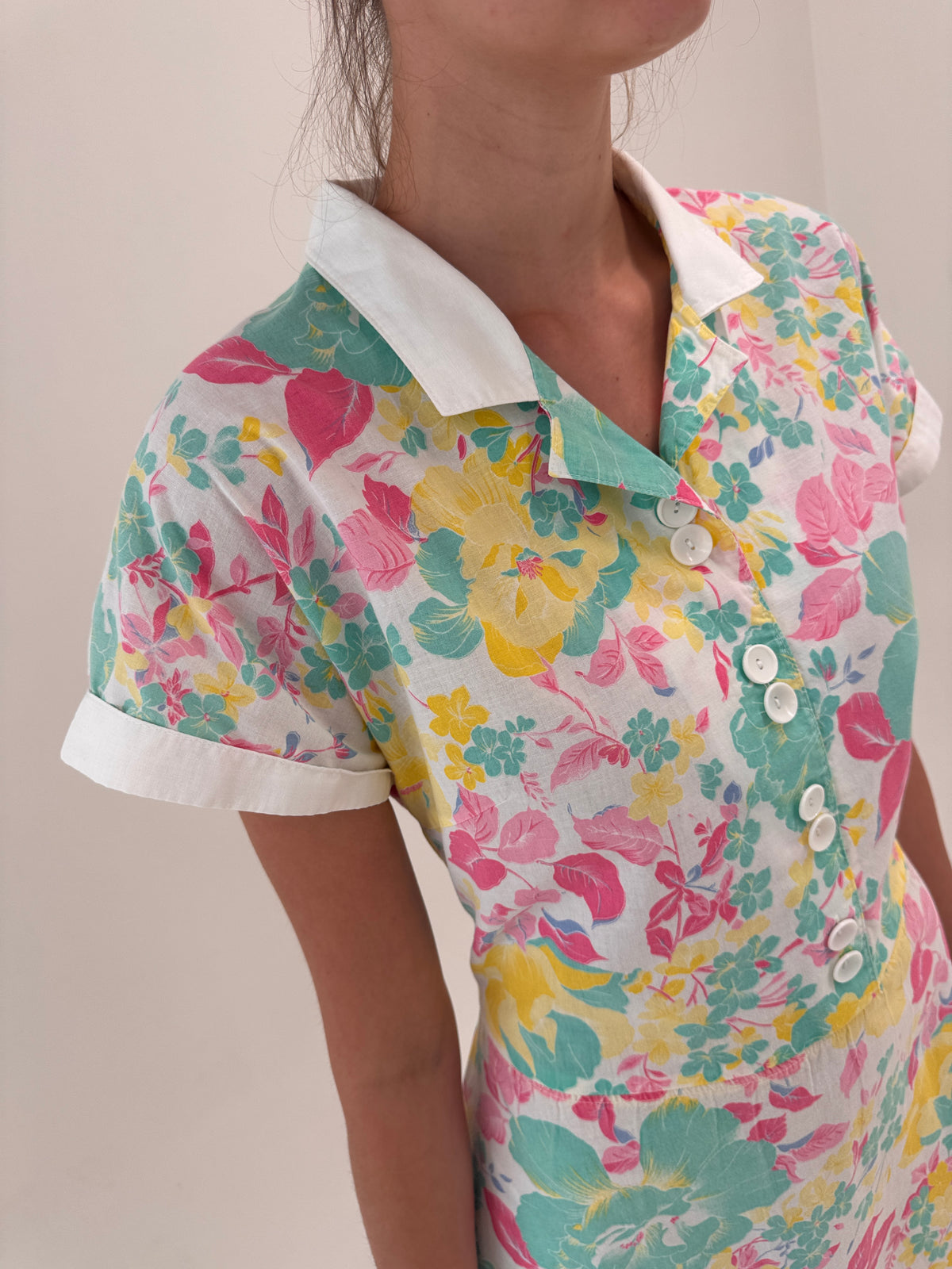 Fustă vintage din pânză de in cu print floral superb și buzunare spre maxi