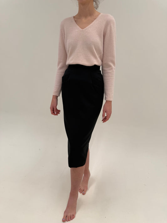 Fustă midi spre maxi neagră conică cu talie ultra înaltă din lana extrafina