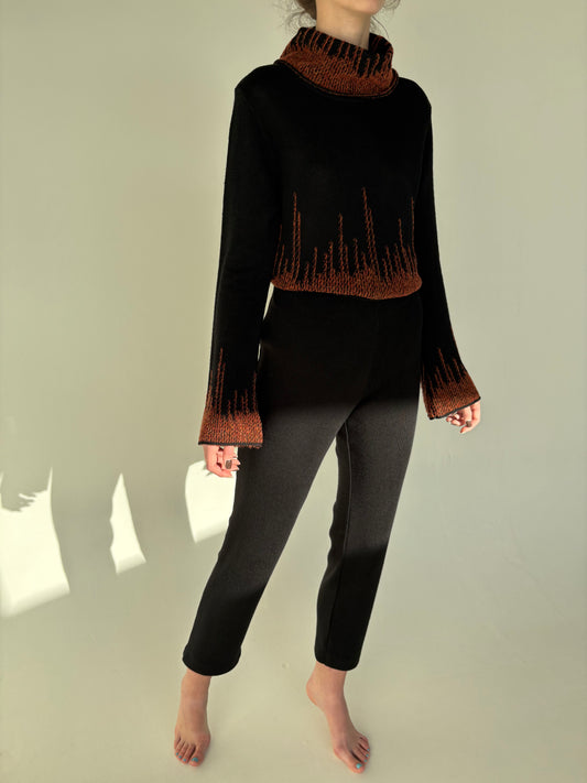 Pantaloni negri din tricot strech de lana merino  extrafina cu talie ultra înaltă