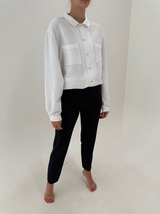 Pantaloni de brand super premium Seventy cu dungi fine verticale din lana extrafina și lyocel