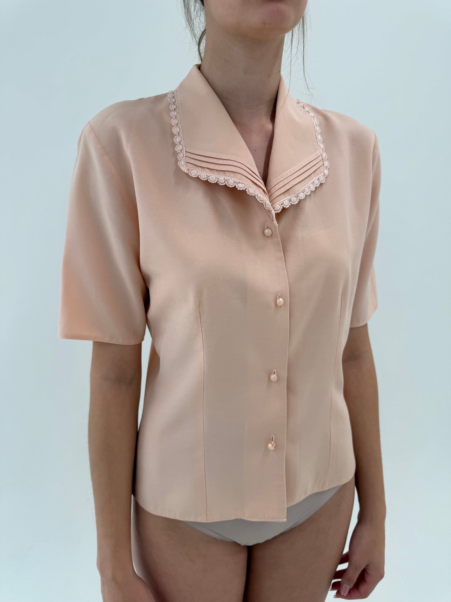 Cămașa vintage powder Pink din pânză cu dantelă macrame