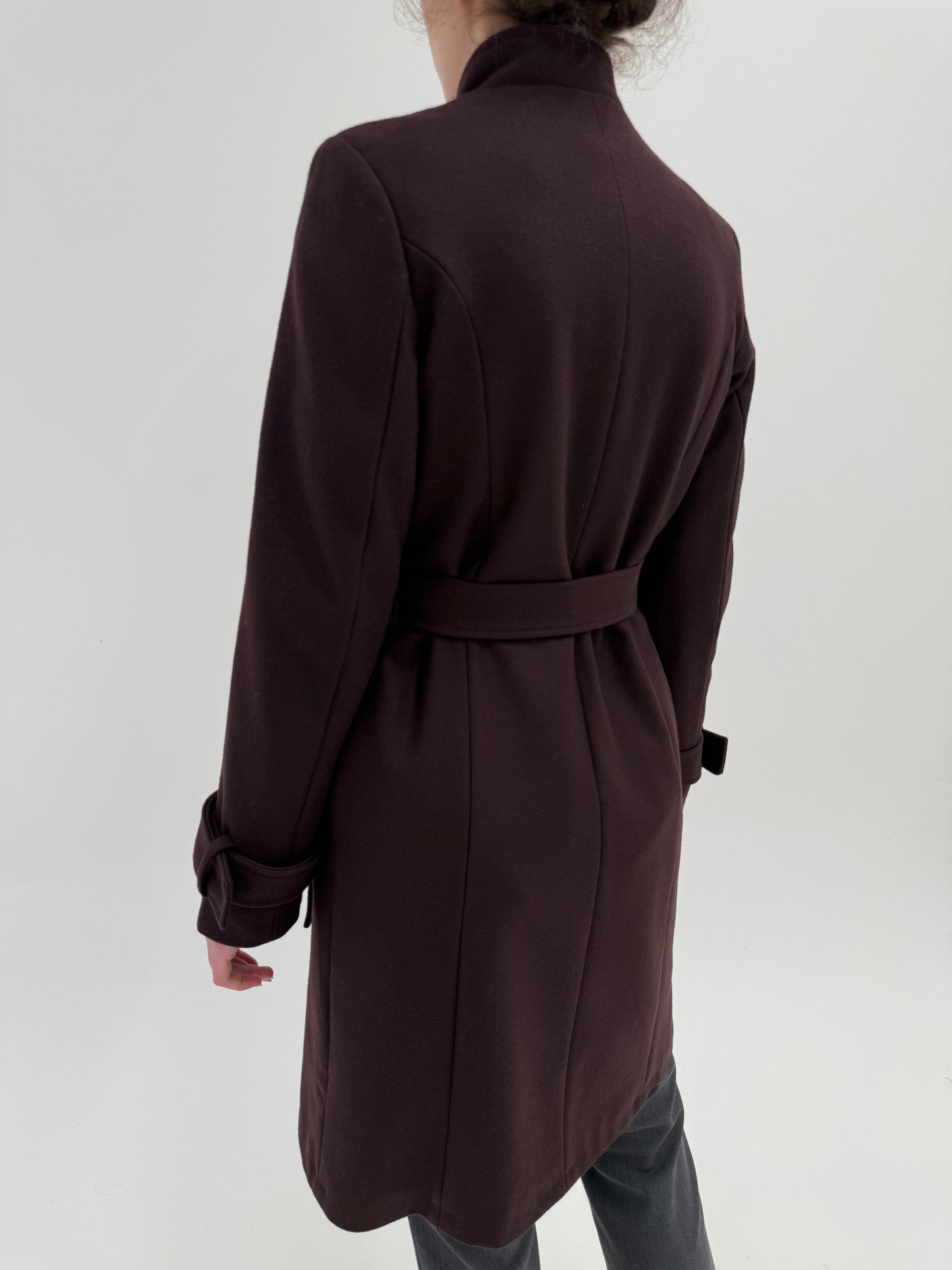 Palton cu talie marcată reglabilă chocolate brown din stofă structurată