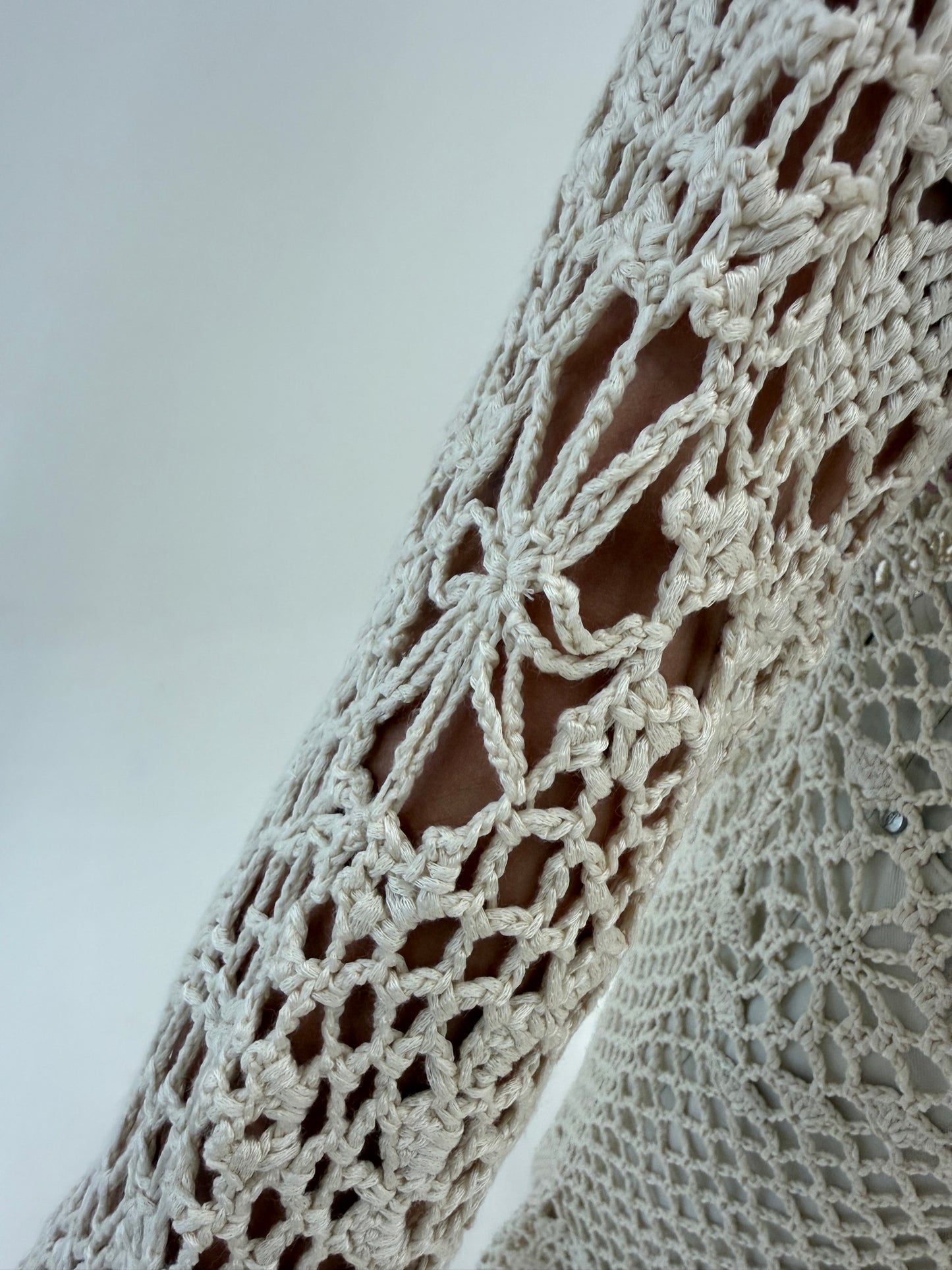 Cardigan lung din macrame de ham ca lucrat manual butter white