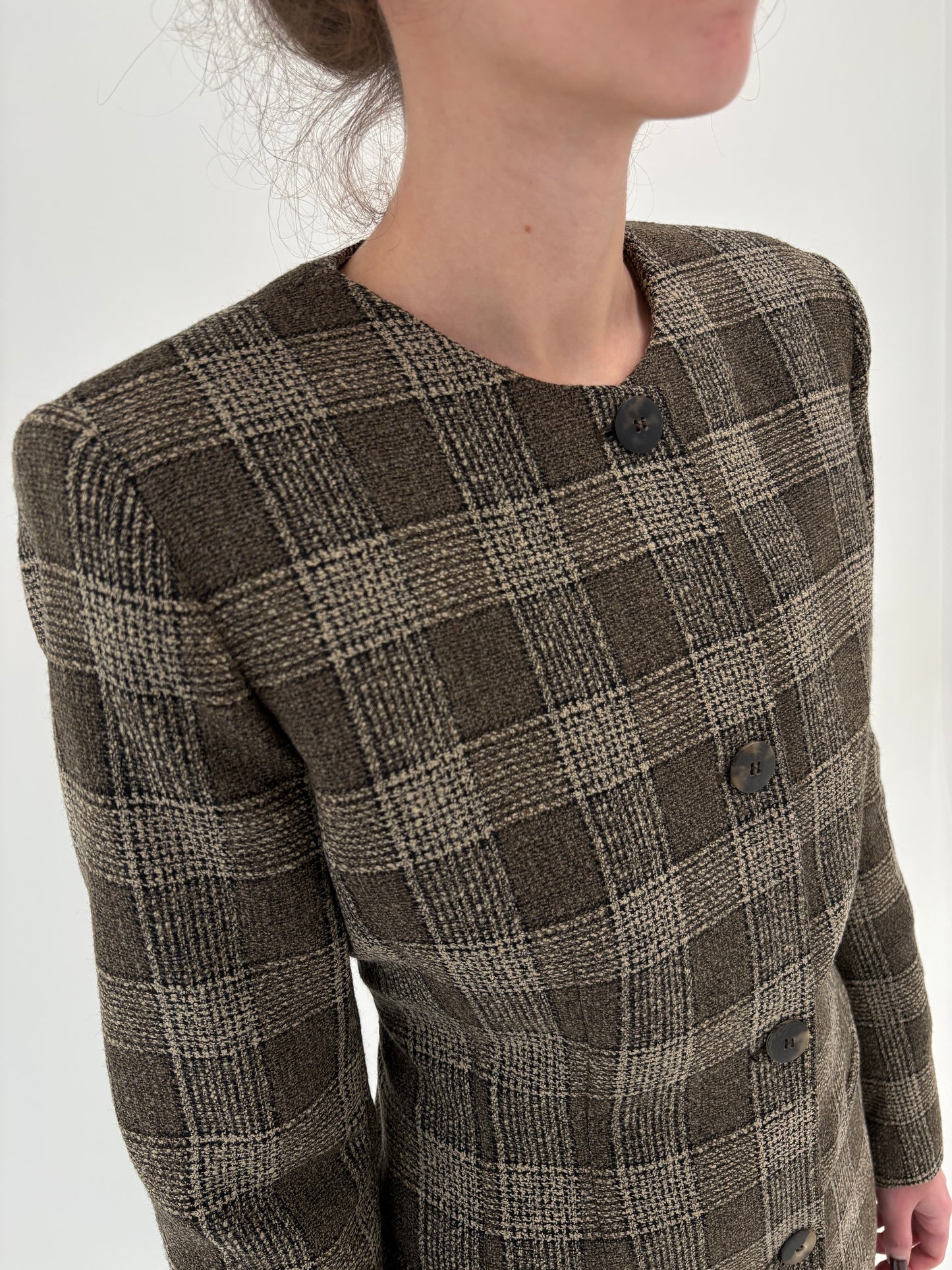 Sacou premium italian în croi lung minimalist ușor cambrat din tweed de lana