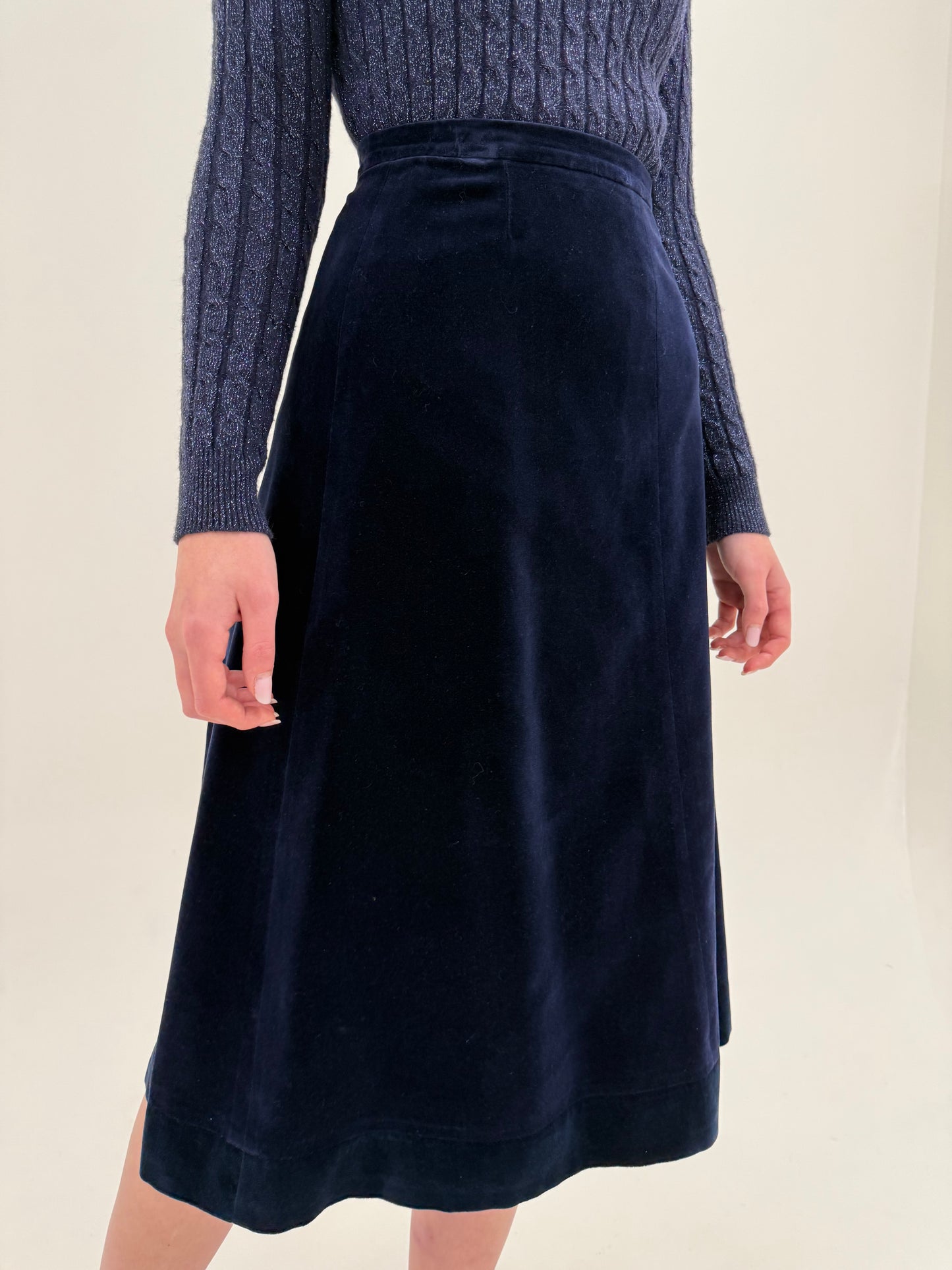 Fustă vintage de seară albastru cerneală midi lung din catifea