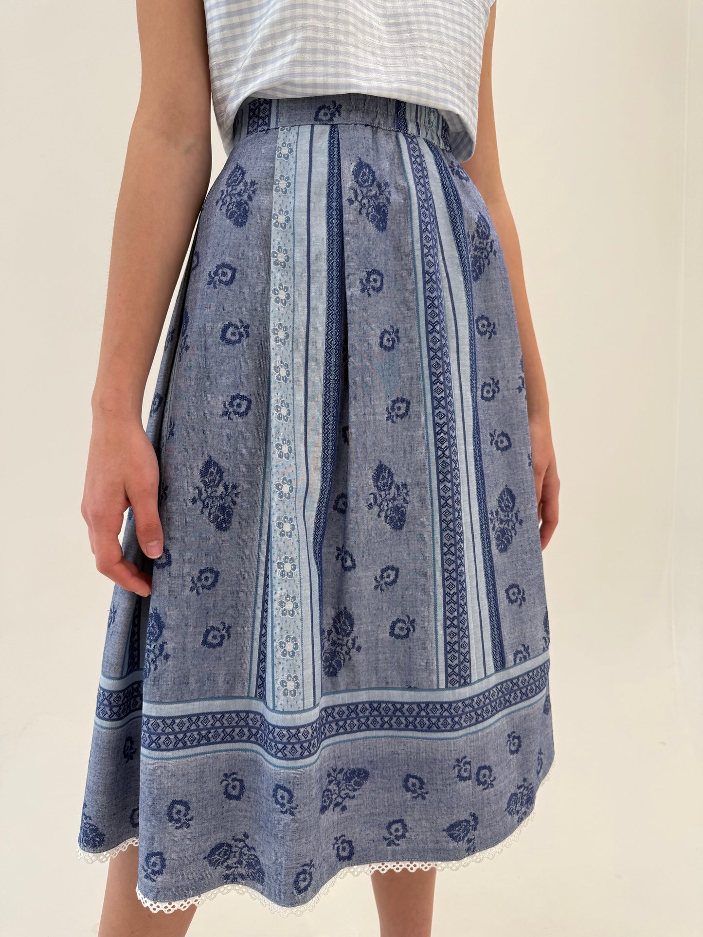 Fustă vintage din pânză excepțională jeans blue midi cu talie ultra înaltă