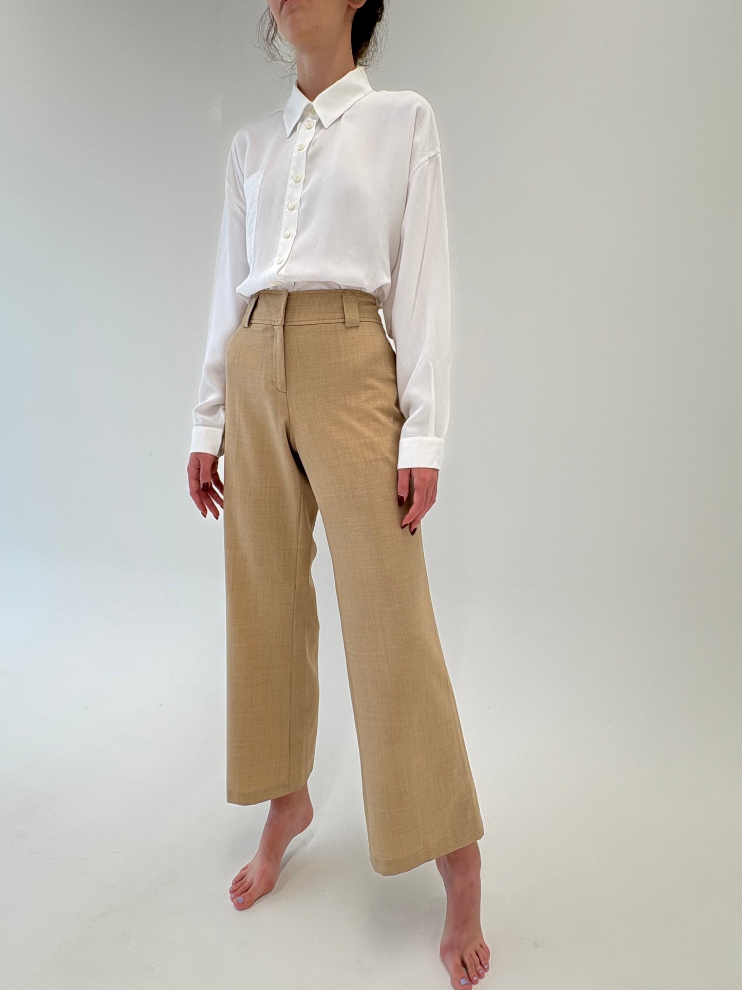 Pantaloni camel palazzo din mix de lana extrafina ușor strech