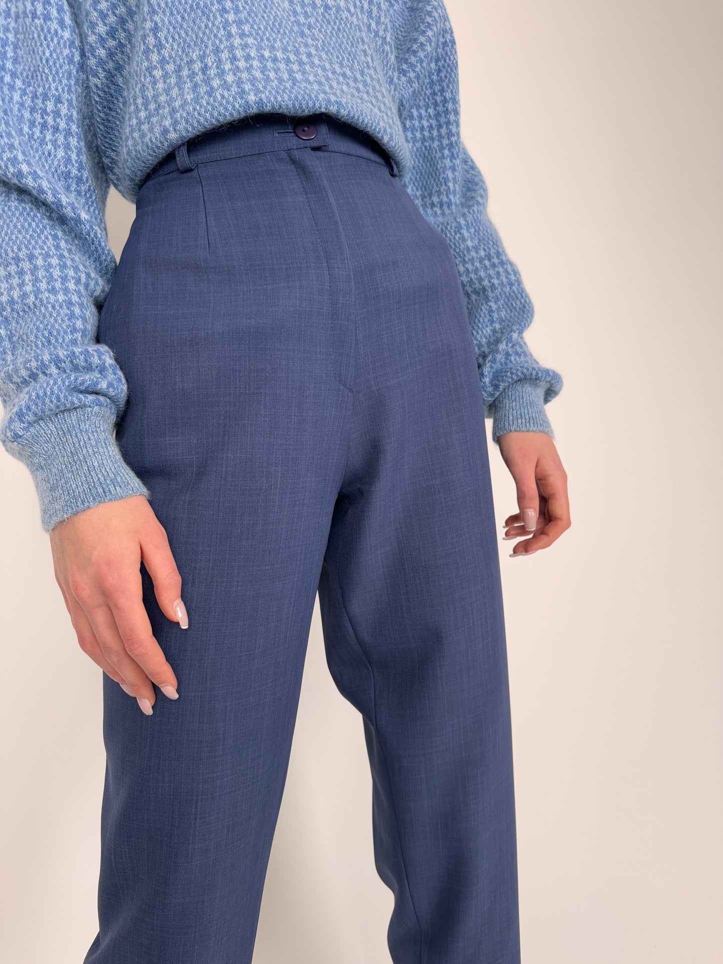 Pantaloni cu talie ultra înaltă elastică sapphire blue din mix de lana