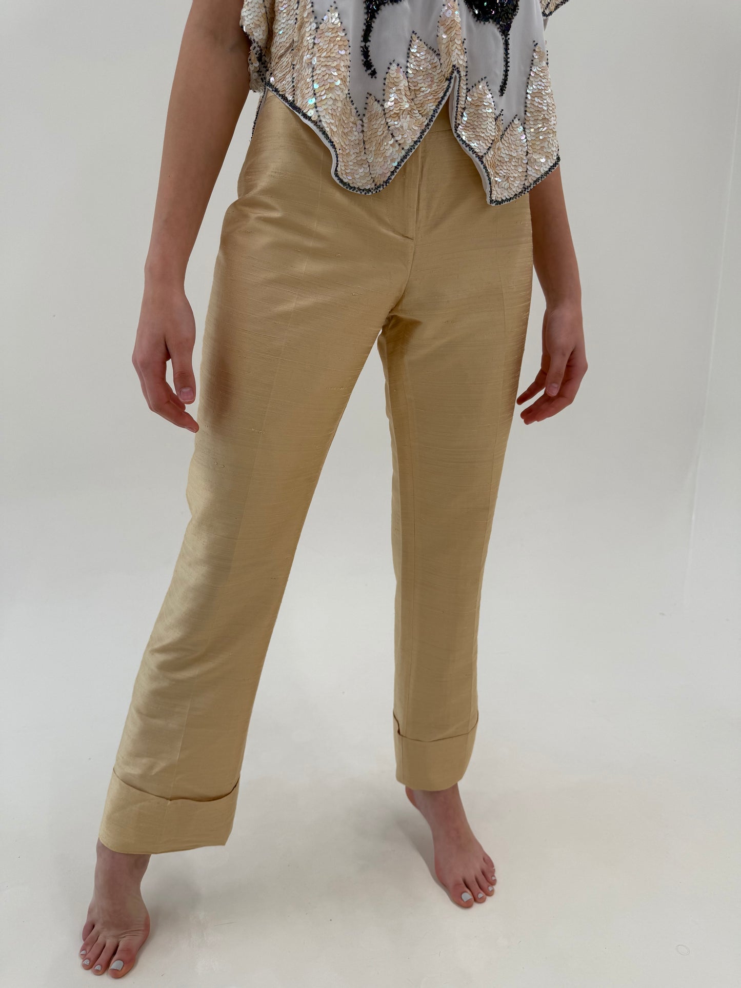 Pantaloni Dolce& Gabbana din mătase naturală dupioni light gold
