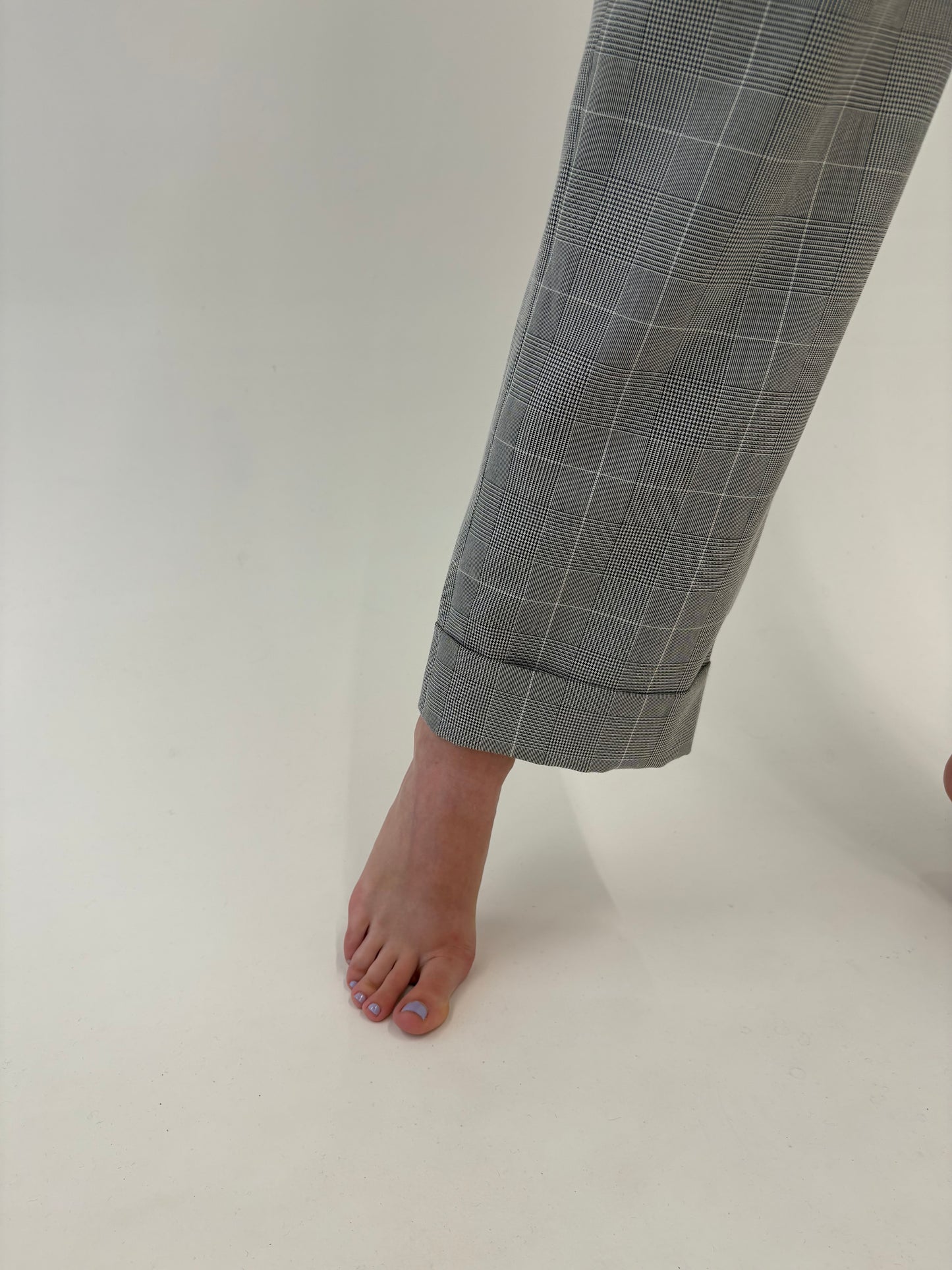 Pantaloni palazzo cu talie înaltă din stofita în carouri fine ivoire