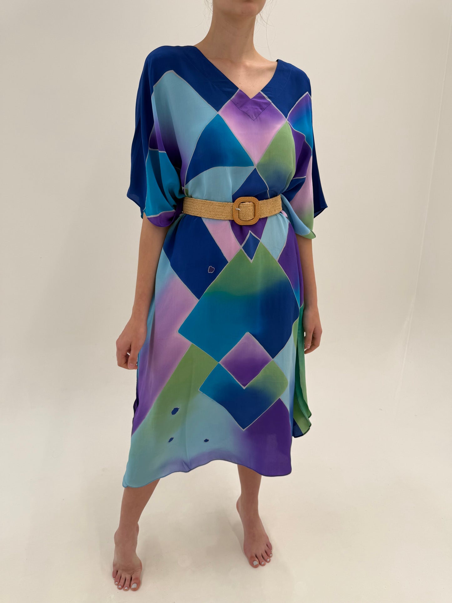 Kaftan din mătase naturală în croi amplu și print geometric