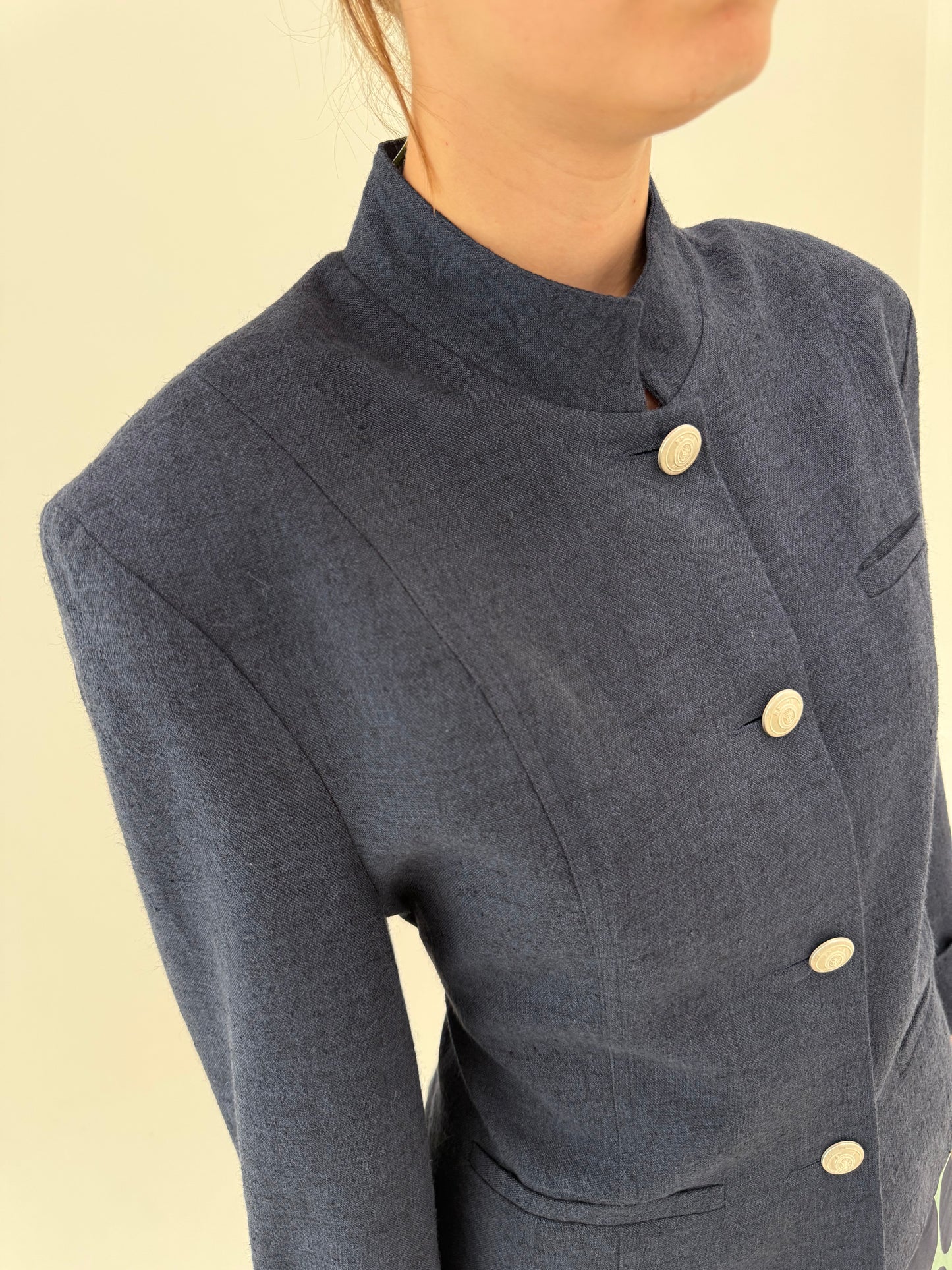 Jacheta vintage din stofă de in și vascoza jeans blue nouă cu etichetă