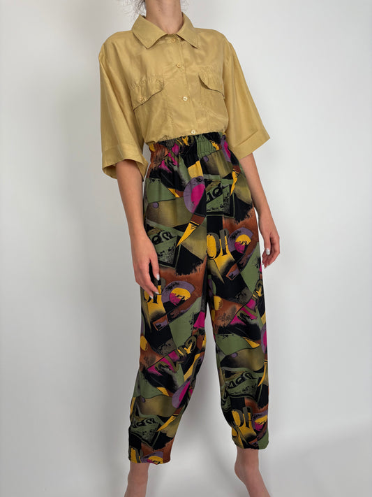 Pantaloni vintage super vaporosi cu talie ultra înaltă marcată elastică