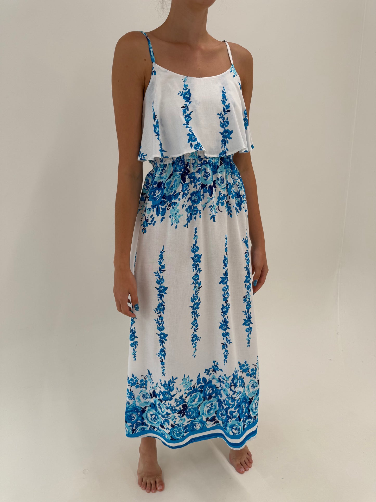 Rochie maxi super vaporoasă cu talie ultra înaltă marcată elastică și print superb