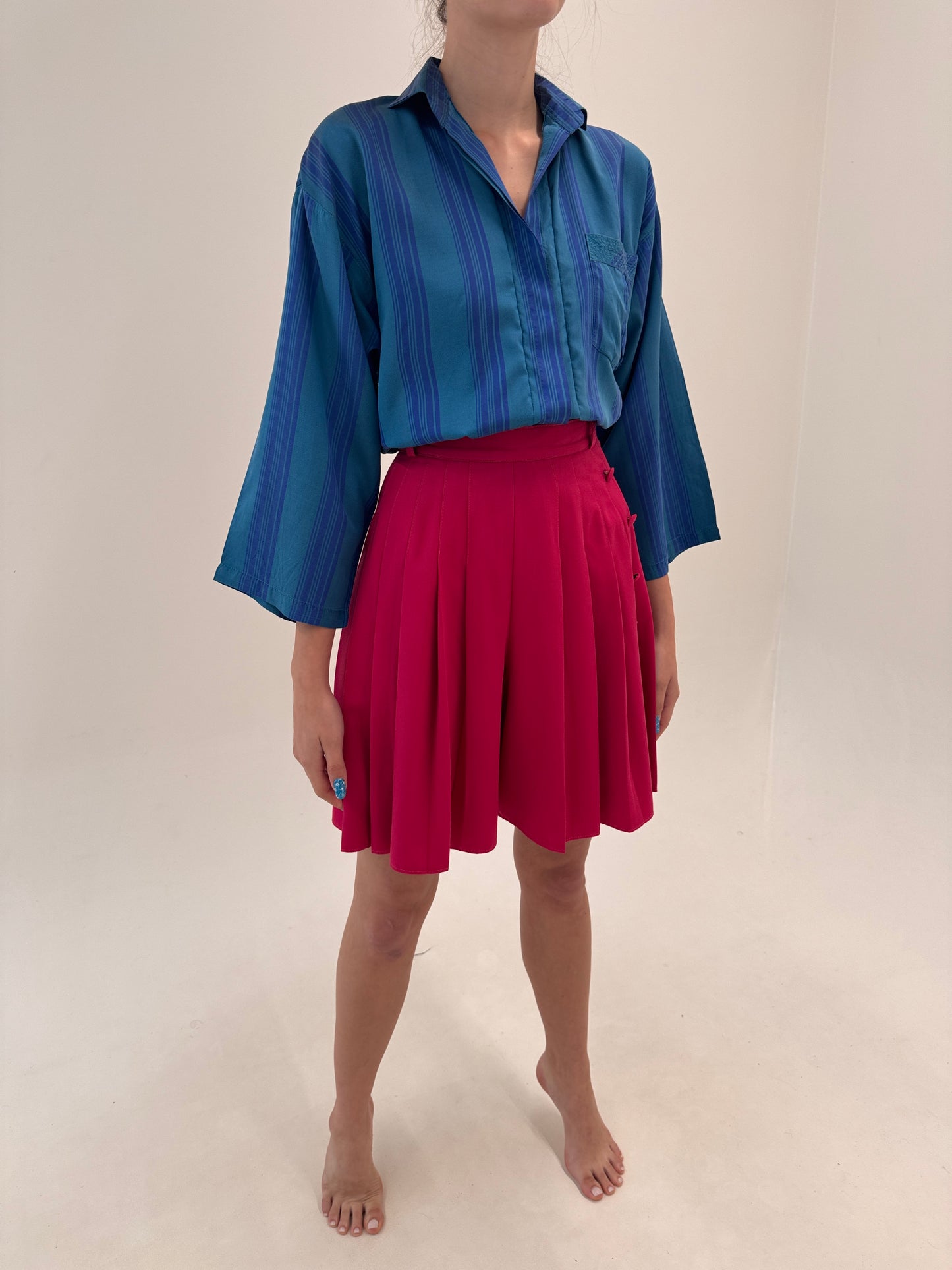 Fustă vintage plisată magenta cu talie ultra înaltă din twill