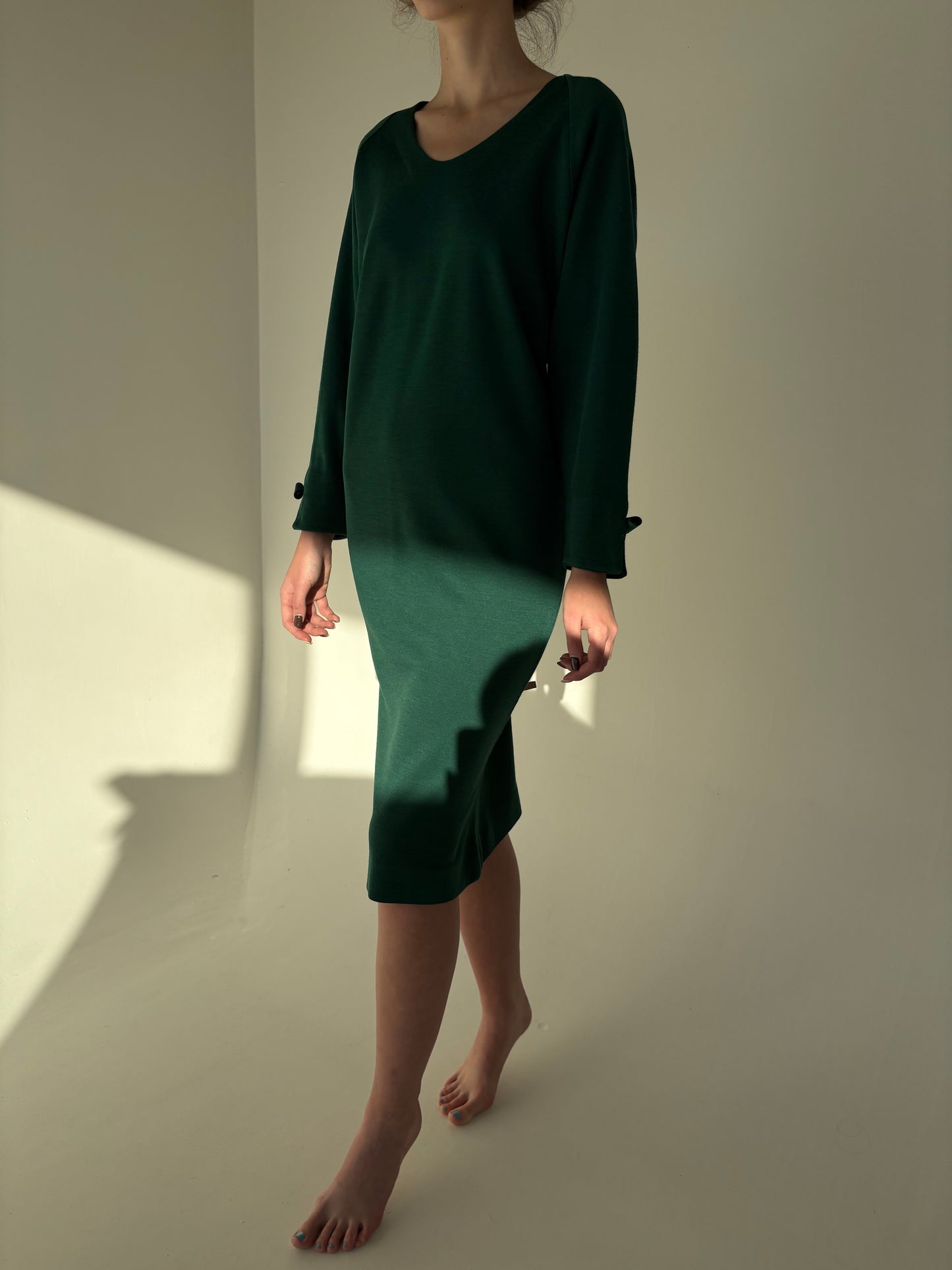 Rochie vintage forest green din lana extrafina cu detalii feminine