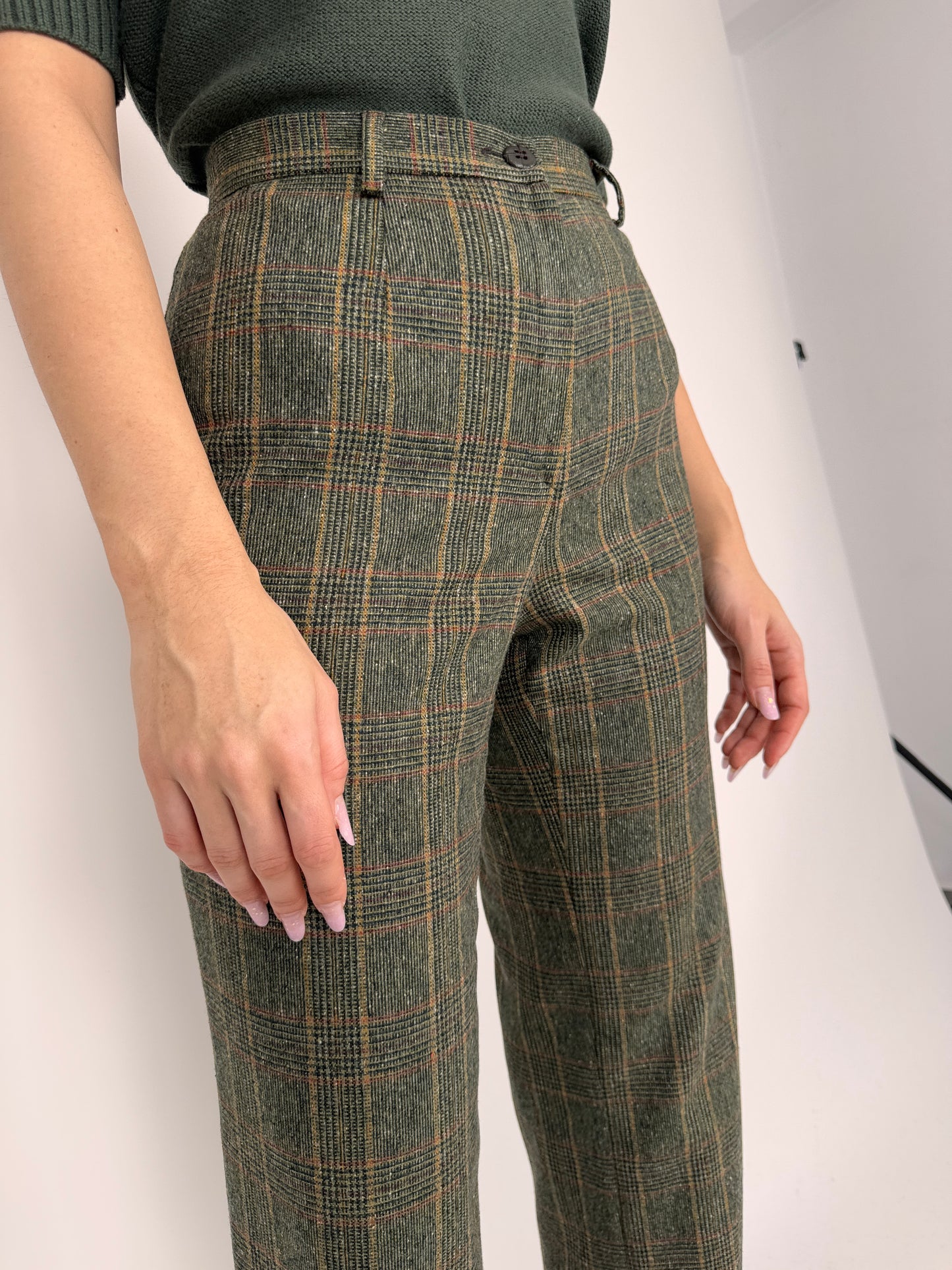 Pantaloni premium italienești din stofă de lana plină forest green în carouri