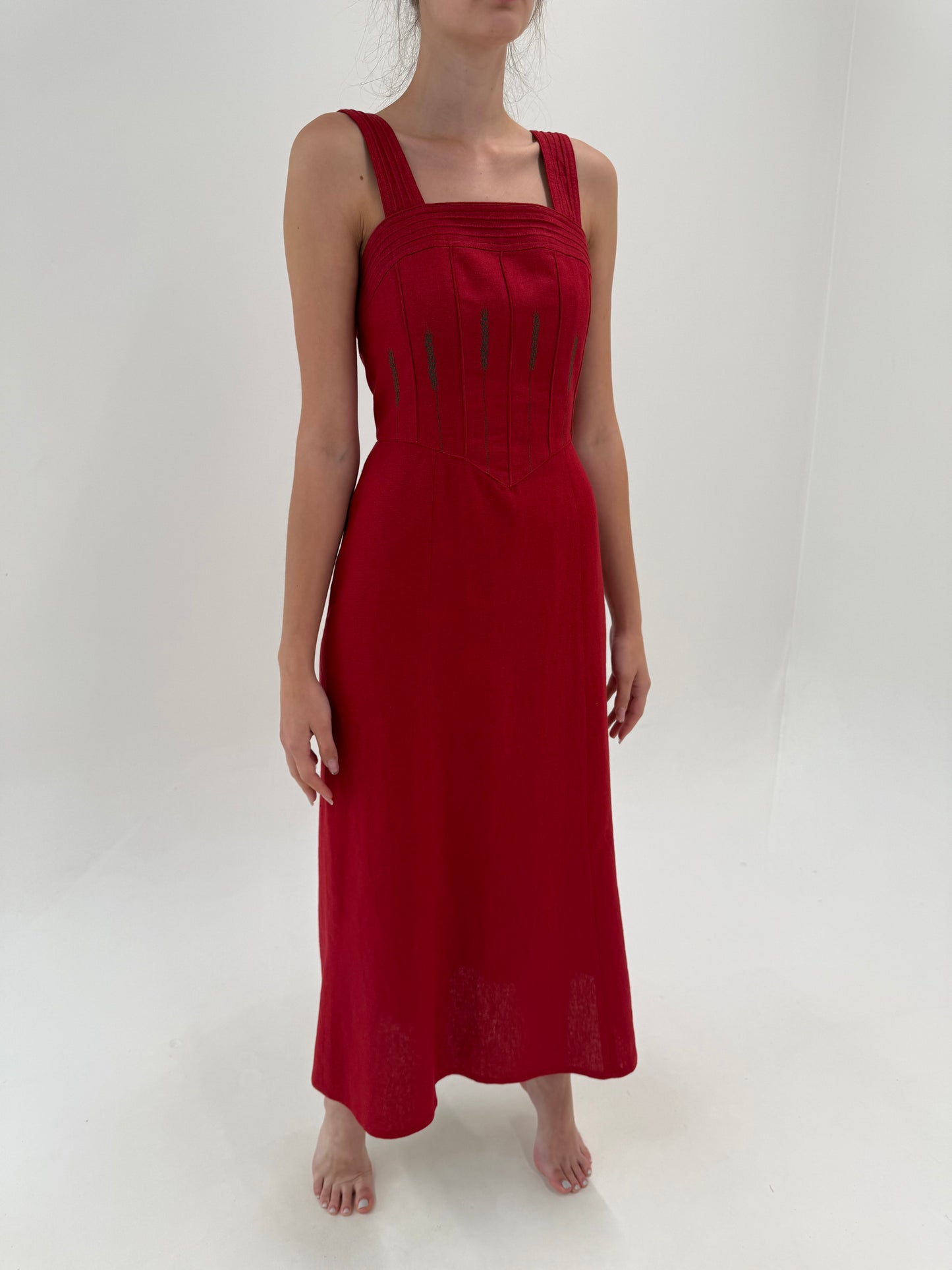 Rochie maxi dark cherry red din pânză grea de in și vascoza cu corsaj