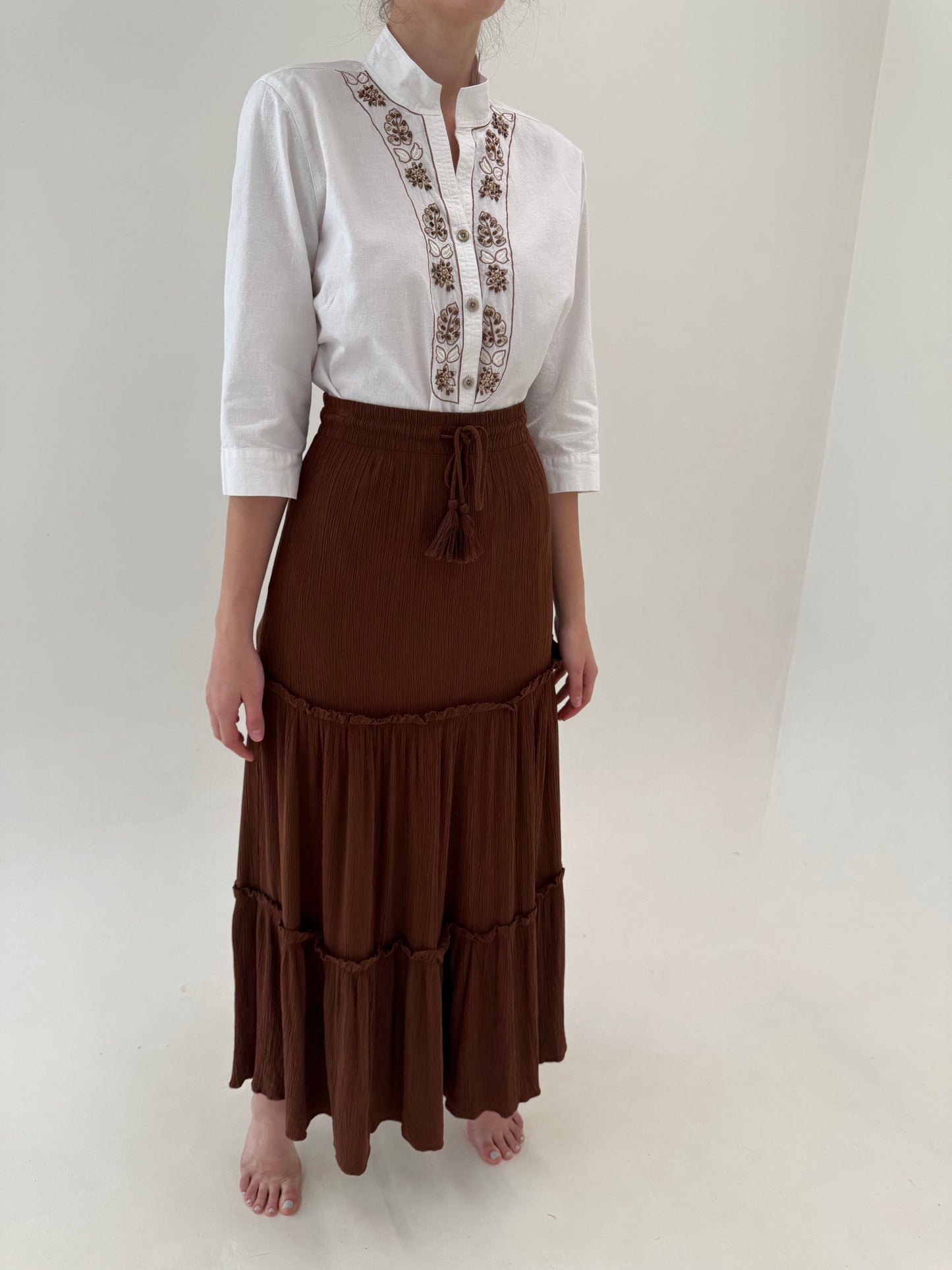Fustă maxi chocolate brown din creppe natural no iron
