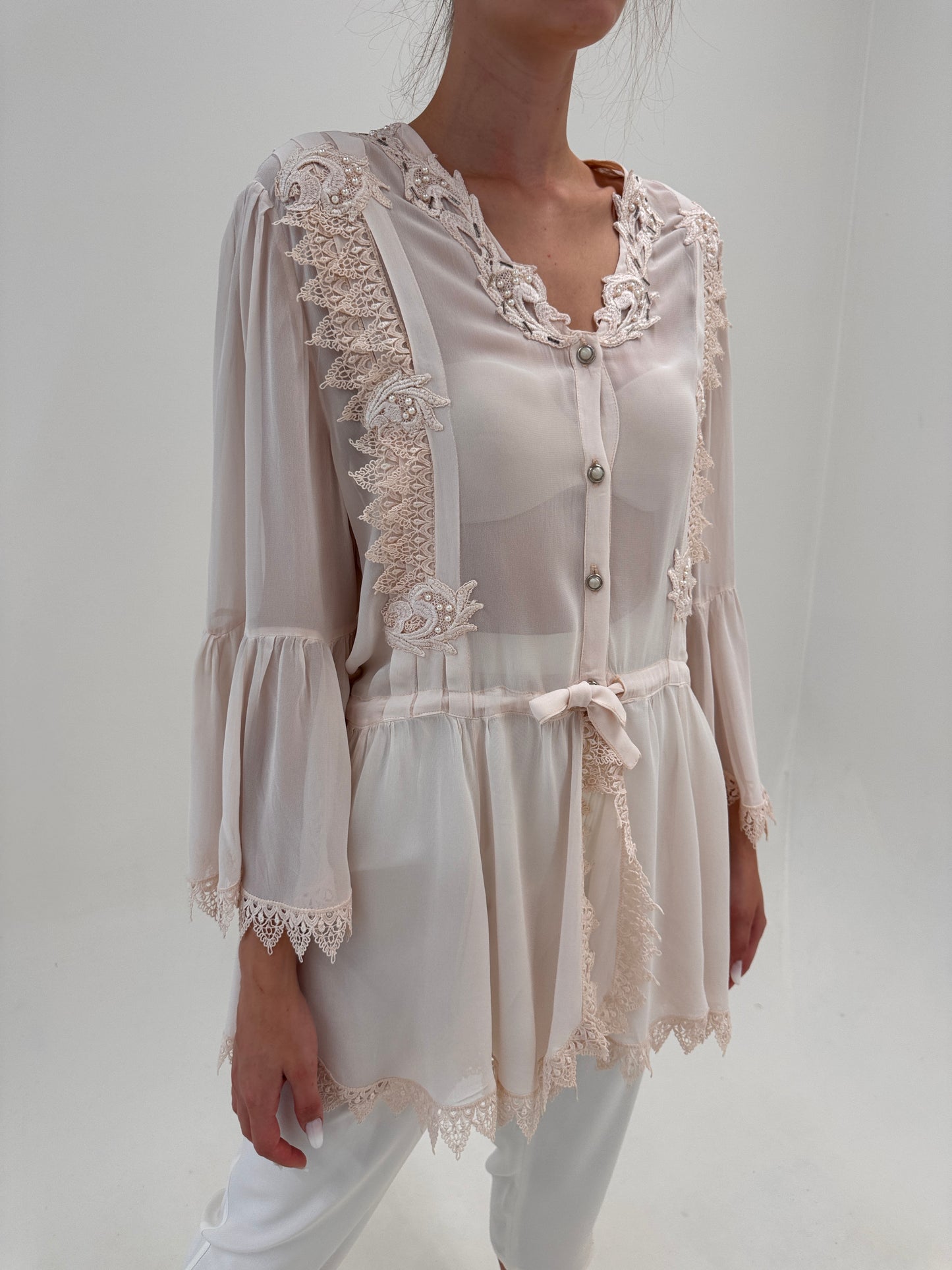 Top vintage dusty powder Pink cu talie marcată reglabilă și dantelă macrame