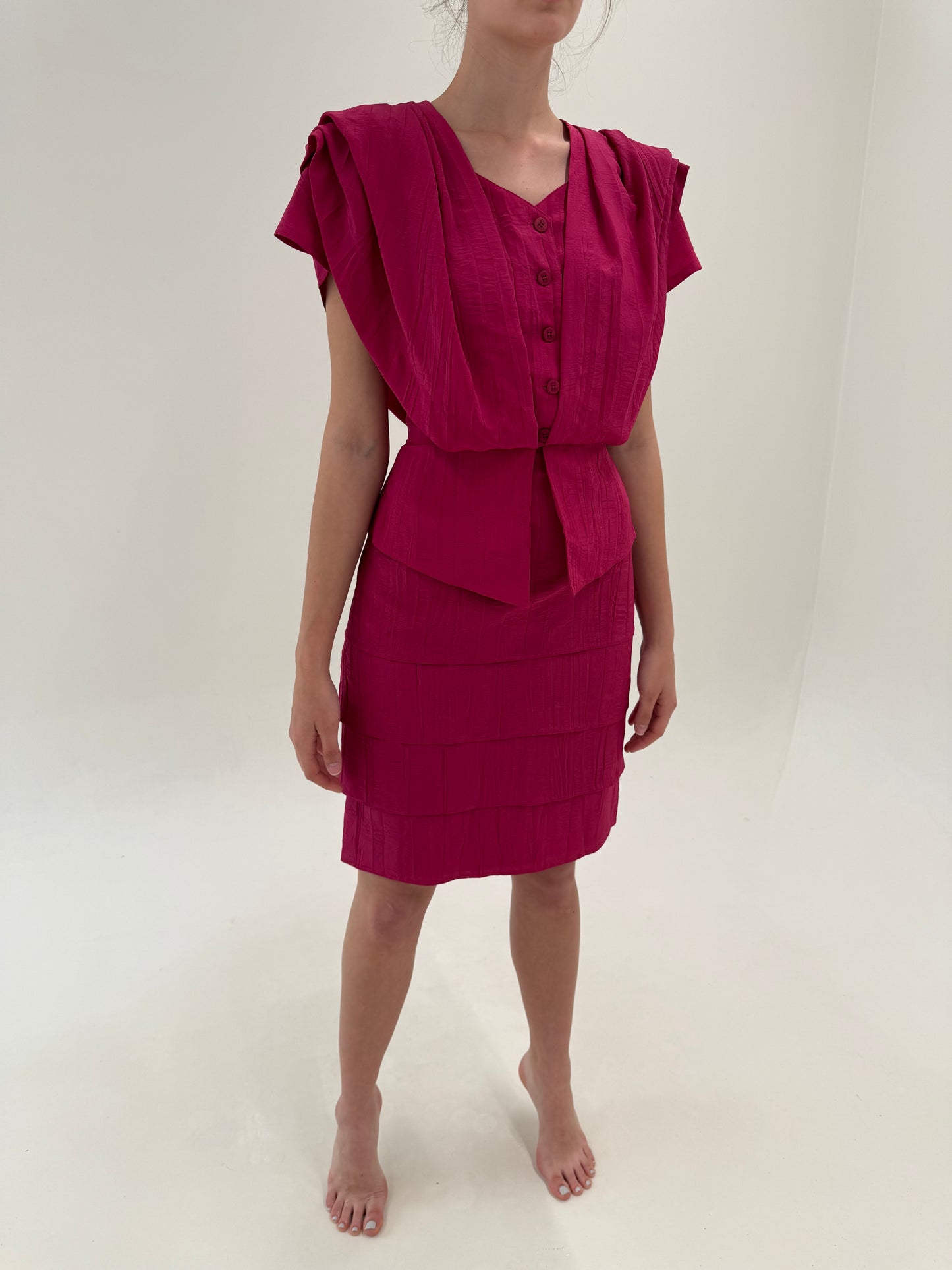 Set vintage în croi elaborat fucsia cu talie ultra marcată și fustă în petale