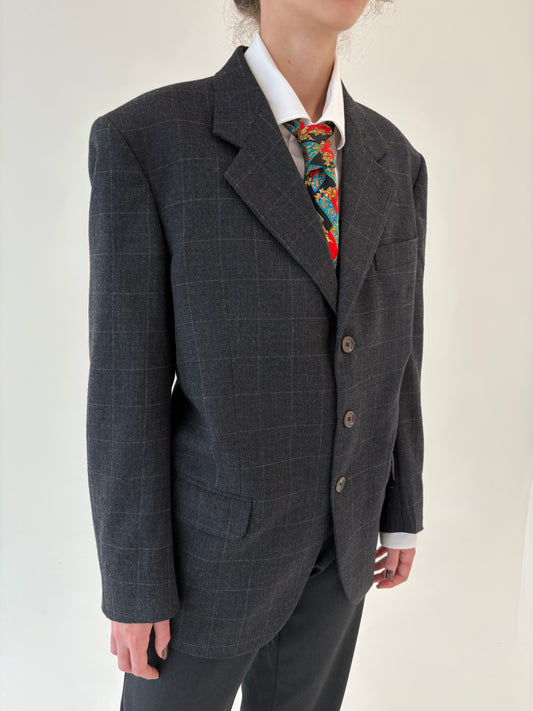 Sacou charcoal gray în carouri fine din stofă de lana extrafina pura certificată