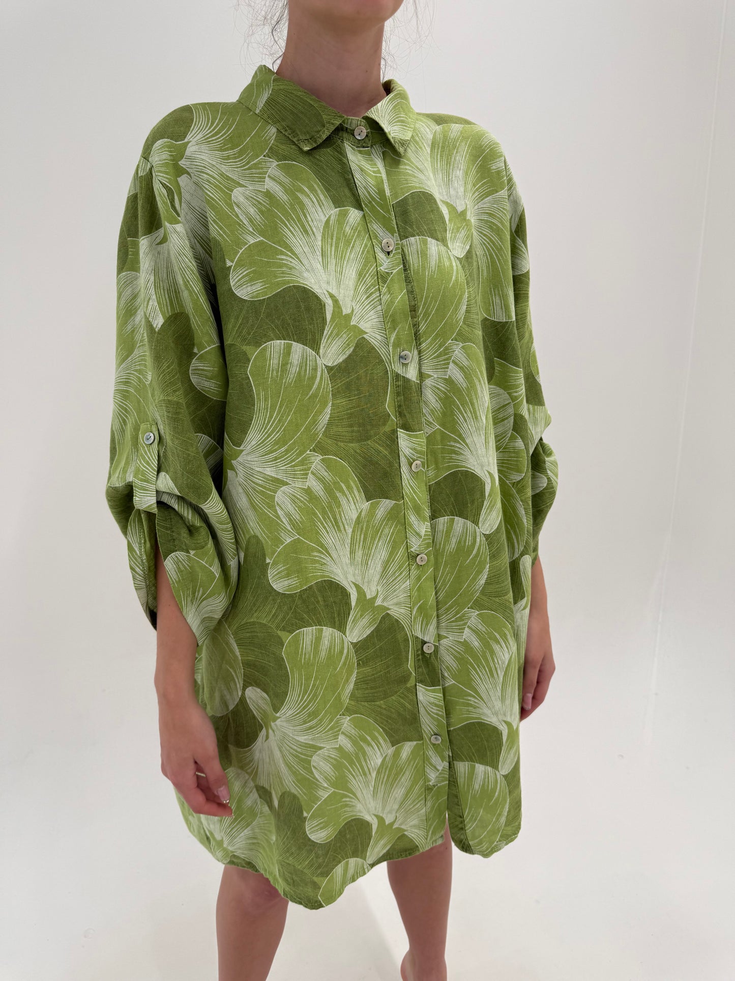 Tunica în croi lung / rochie din in premium cu print organic în nuanțe de verde