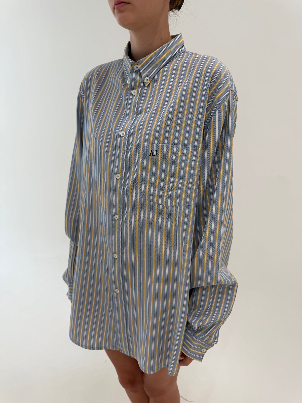 Cămașa Armani tall plus size baby blue cu dungi verticale camel din bumbac texturat