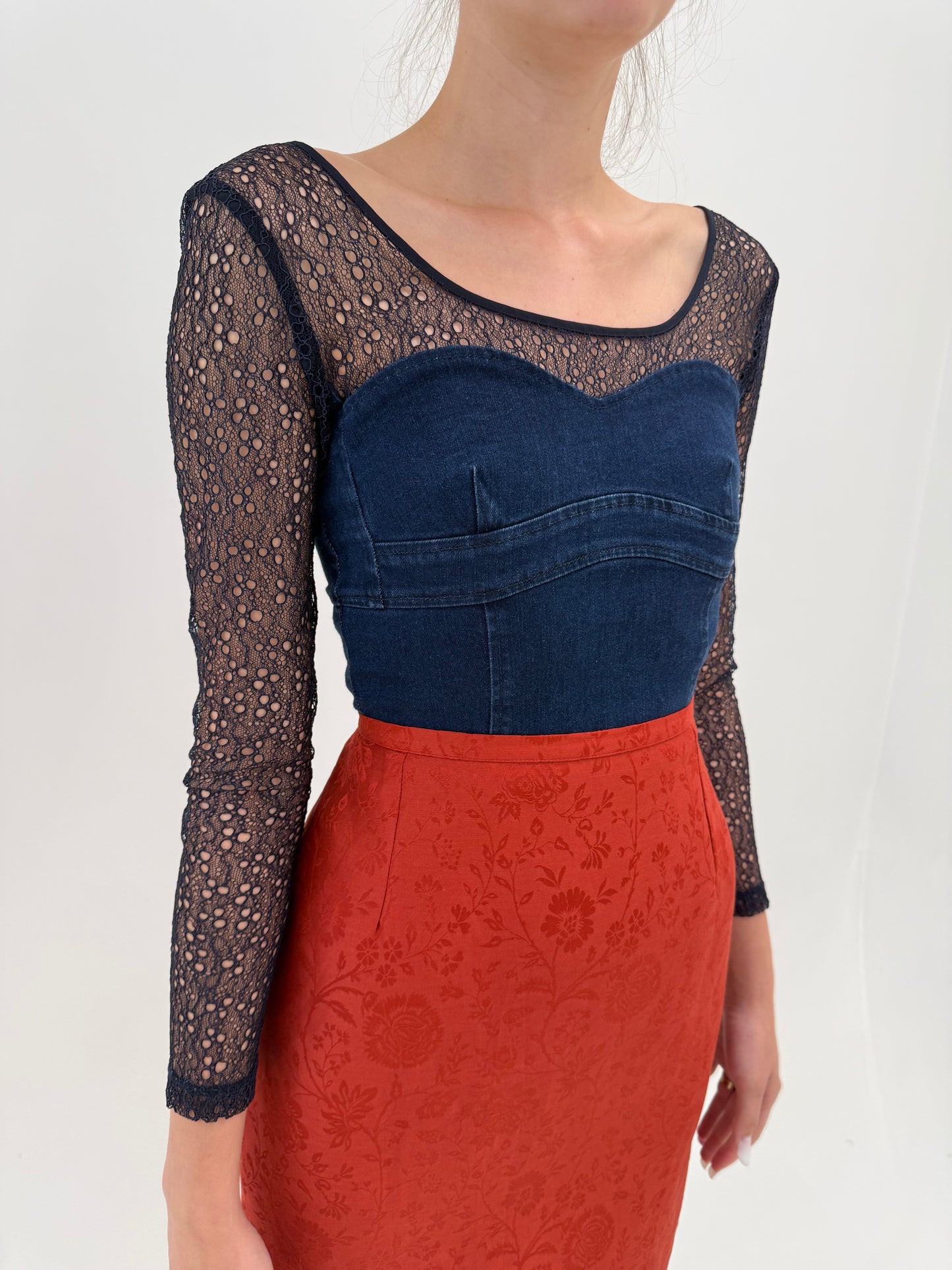 Corsaj de brand super premium din jeans modelator de vară și mesh cu broderie anglaise