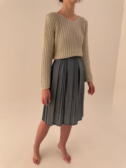 Fustă vintage plisată stone gray din lana extrafina cu talie ultra înaltă