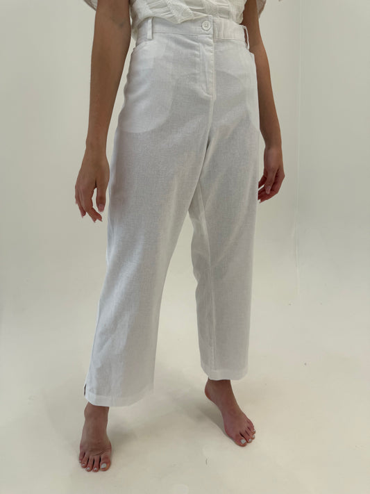 Pantaloni din pânză de in și bumbac în croi clasic